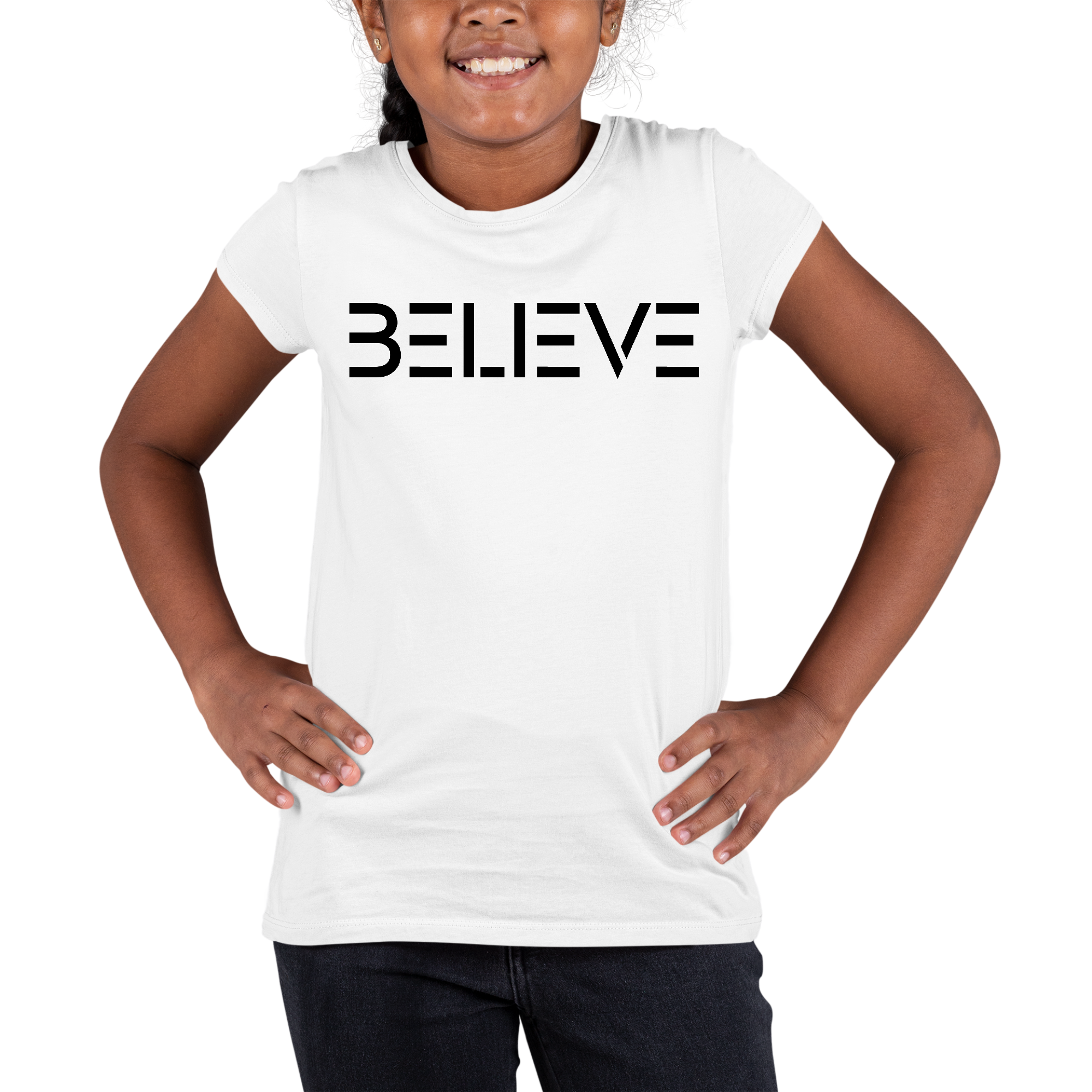 Youth Short Sleeve Graphic T-shirt in black featuring 'Believe' inspirational print, made from soft preshrunk cotton for comfort.