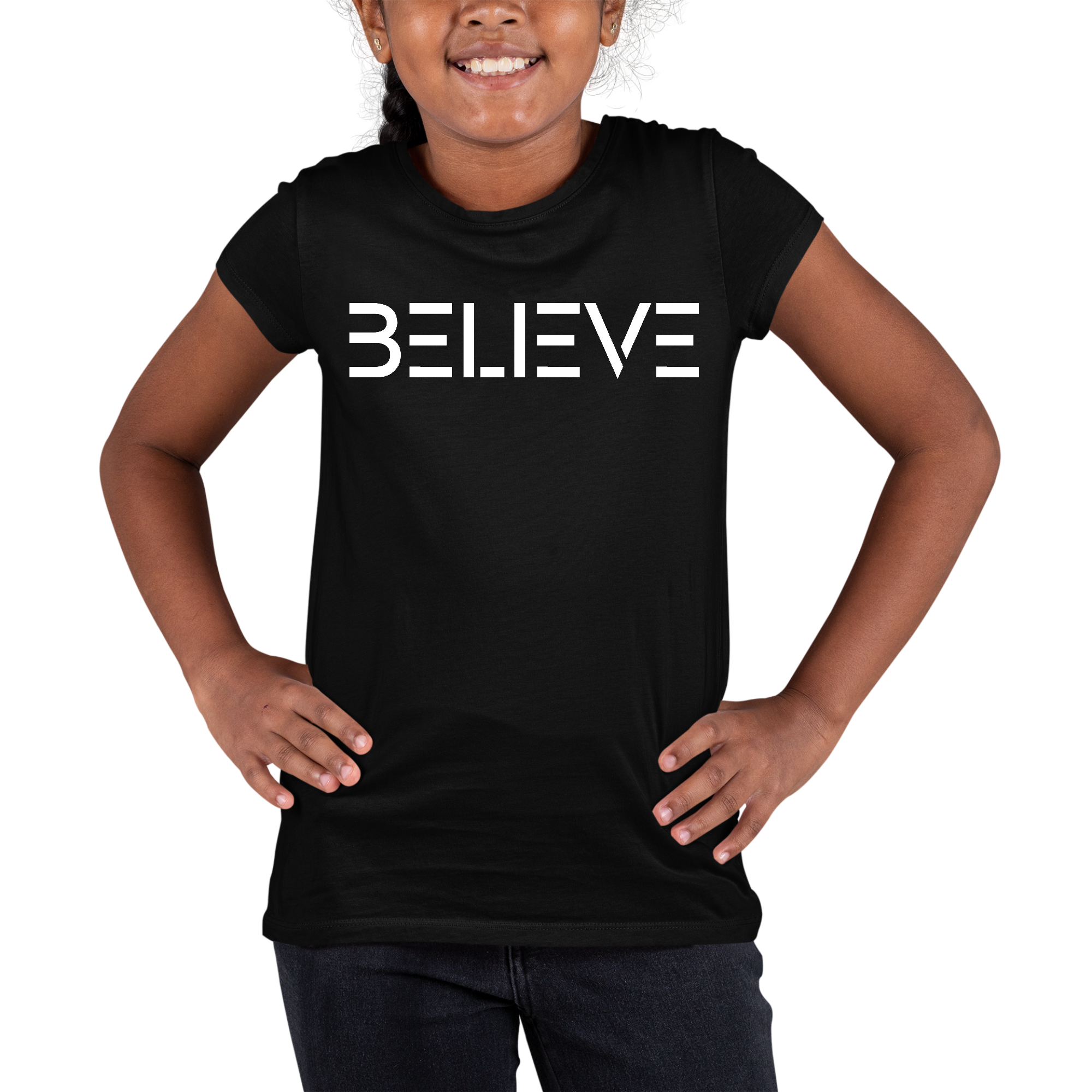 Youth short sleeve graphic T-shirt in white featuring a motivational 'Believe' print, made from soft preshrunk cotton.