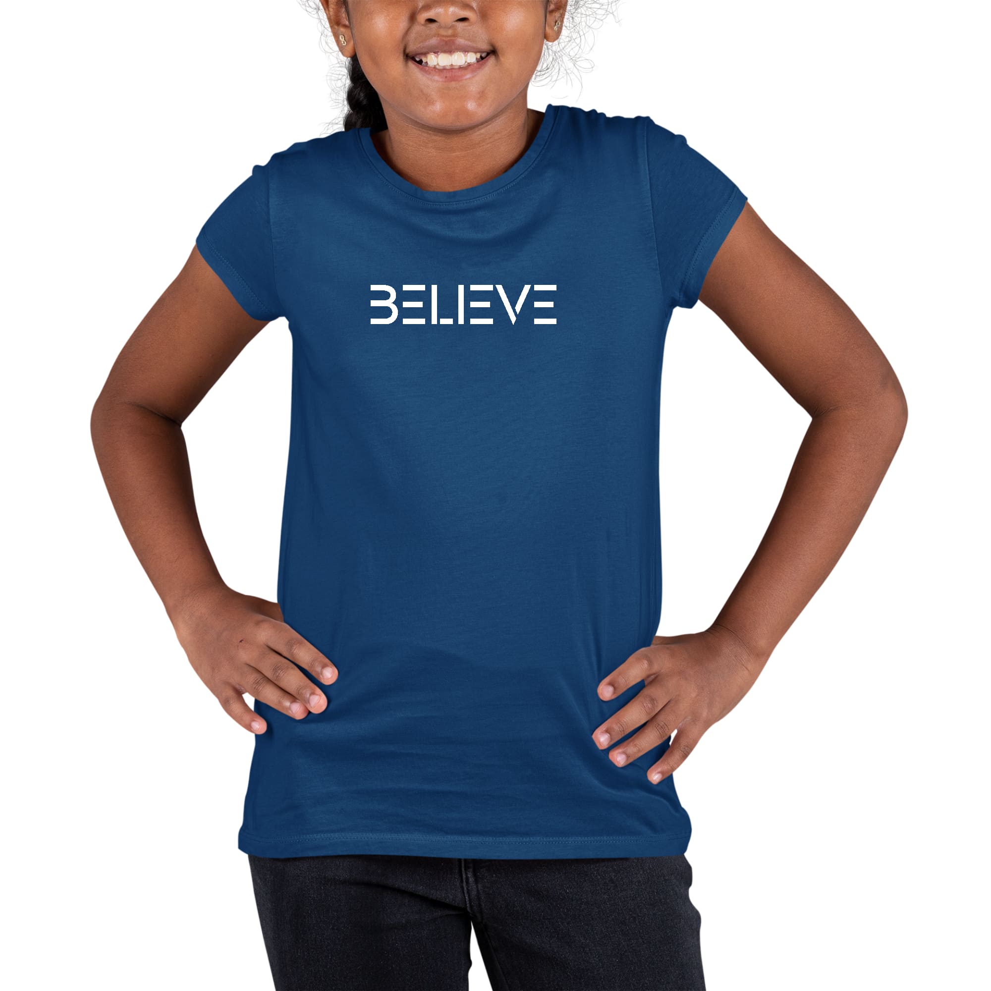 Youth short sleeve graphic T-shirt in white featuring a motivational 'Believe' print, made from soft preshrunk cotton.