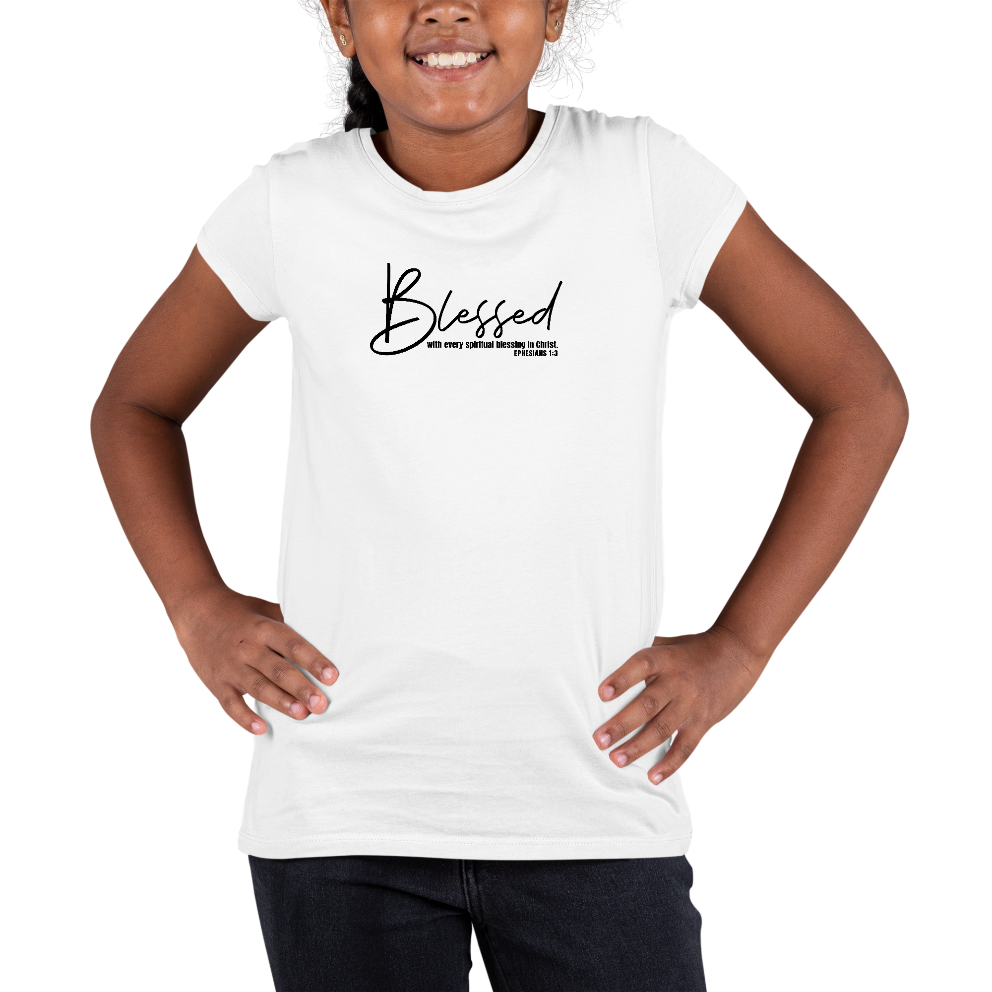 Youth Short Sleeve Graphic T-shirt in black with the phrase Blessed with Every Spiritual Blessing printed in white, showcasing a comfortable fit.