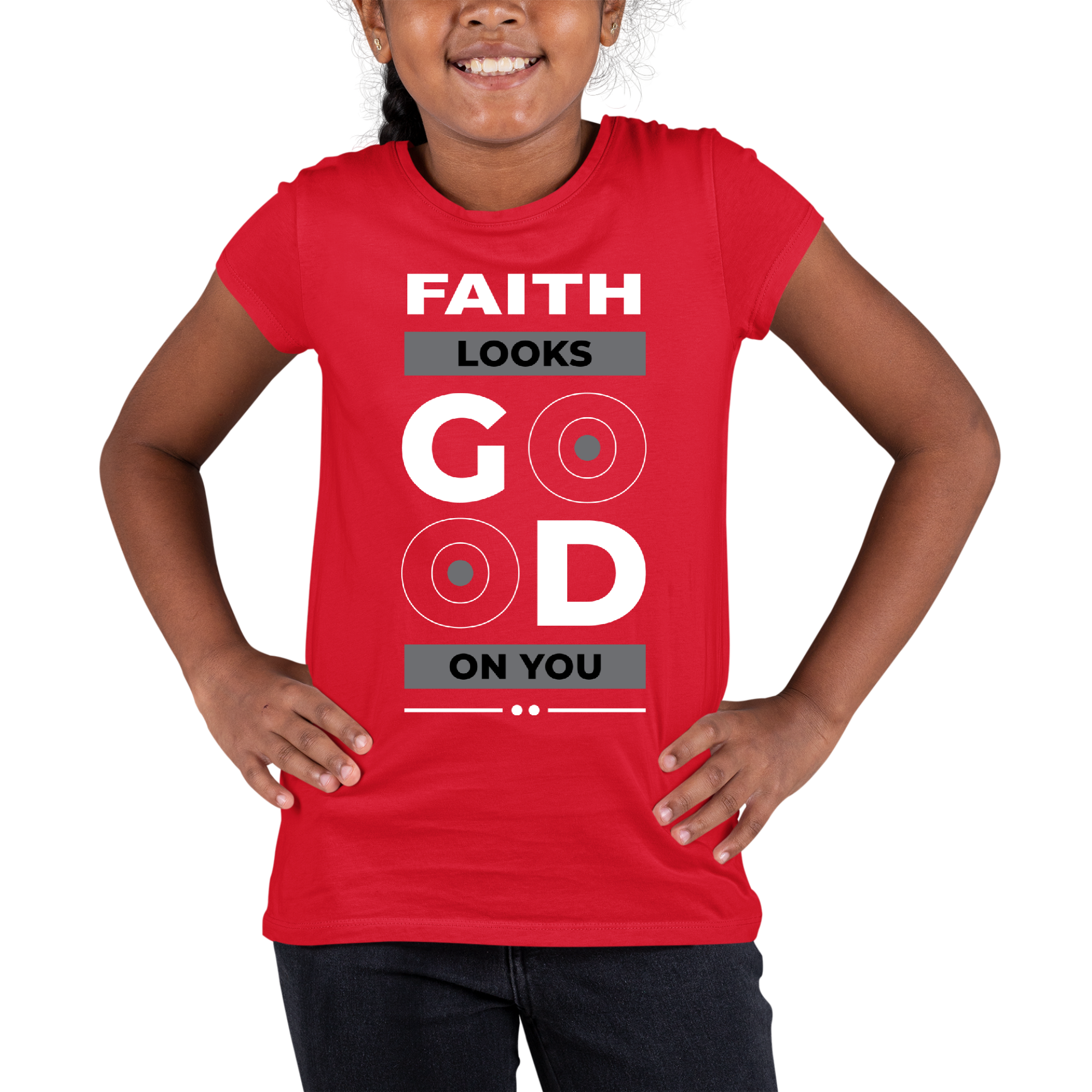 Youth Short Sleeve Graphic T-shirt featuring the phrase 'Faith Looks Good' in a stylish design, made from soft preshrunk cotton.