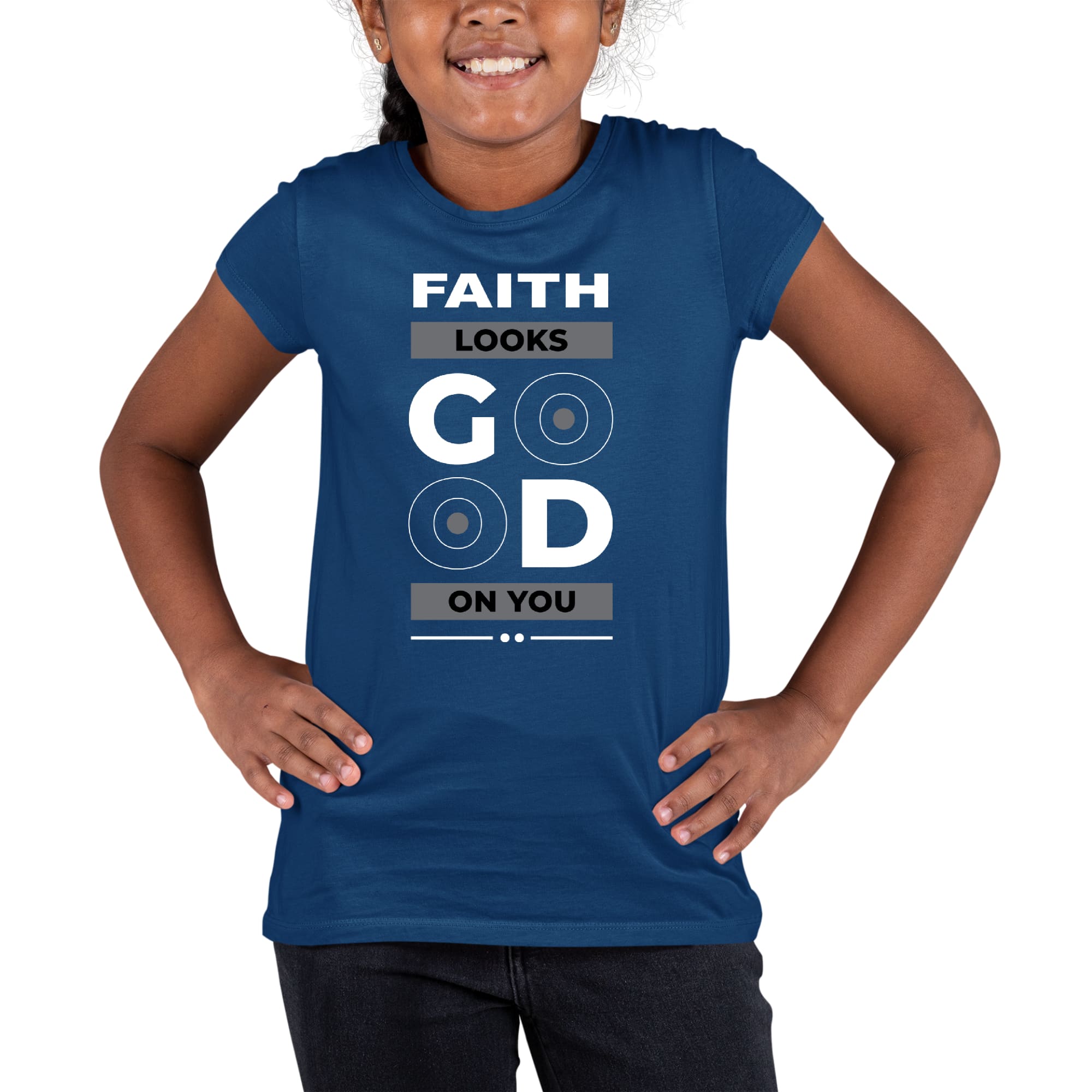 Youth Short Sleeve Graphic T-shirt featuring the phrase 'Faith Looks Good' in a stylish design, made from soft preshrunk cotton.