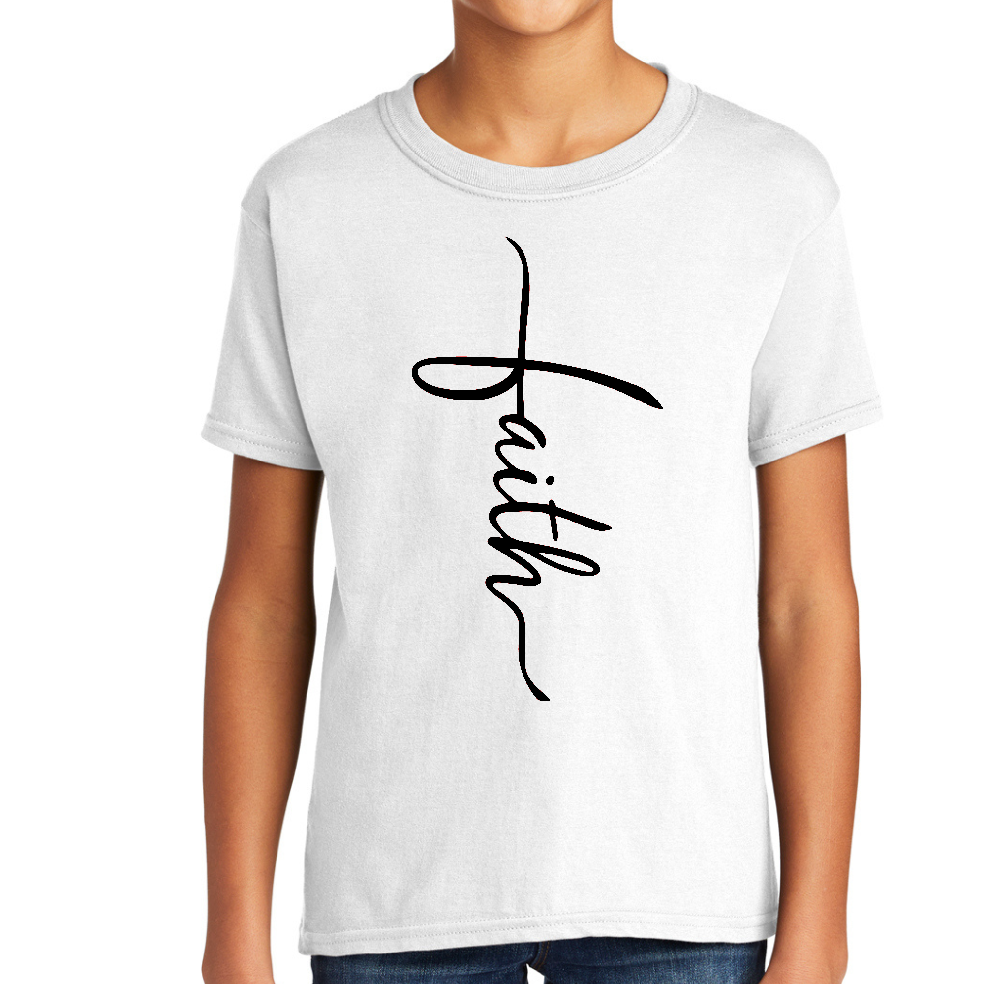 Youth Short Sleeve Graphic T-shirt in black featuring a Faith Script Cross design, made from soft preshrunk cotton for comfort.