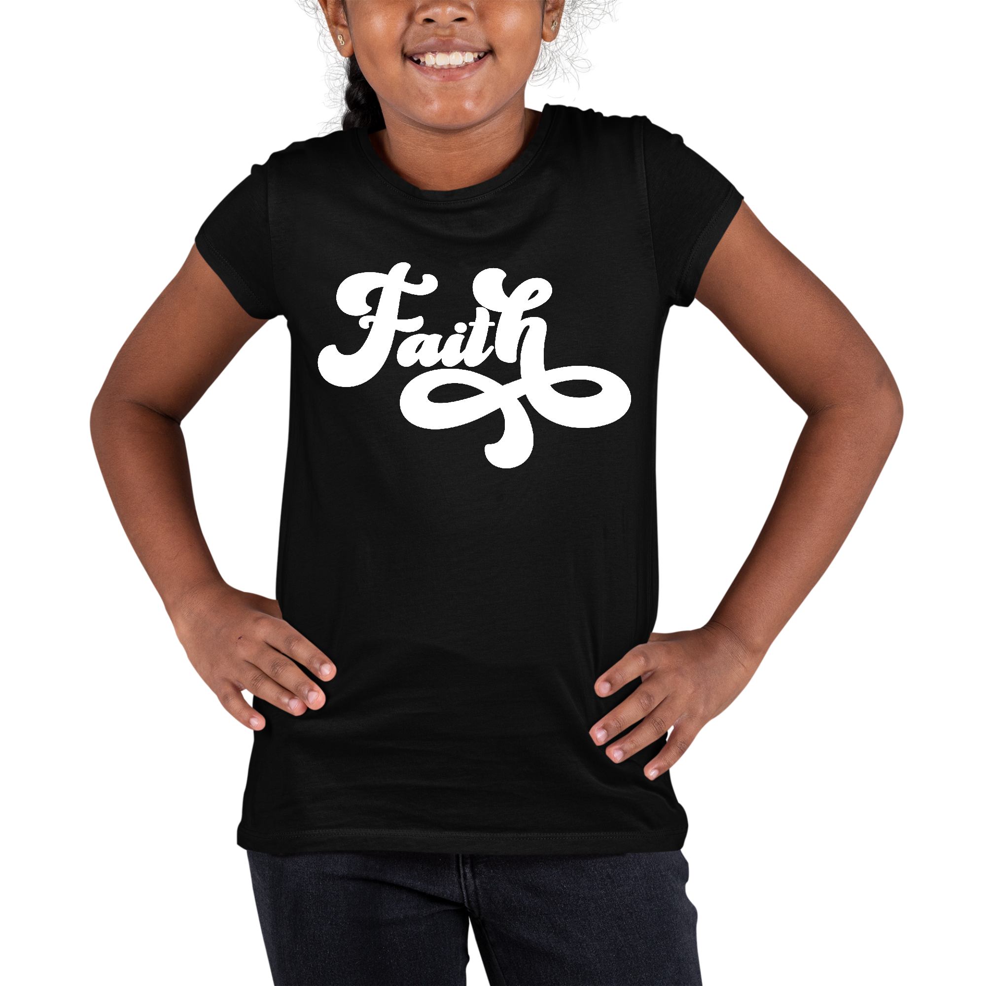 Youth Short Sleeve Graphic T-shirt featuring a Faith Script illustration, made from soft preshrunk cotton for comfort.