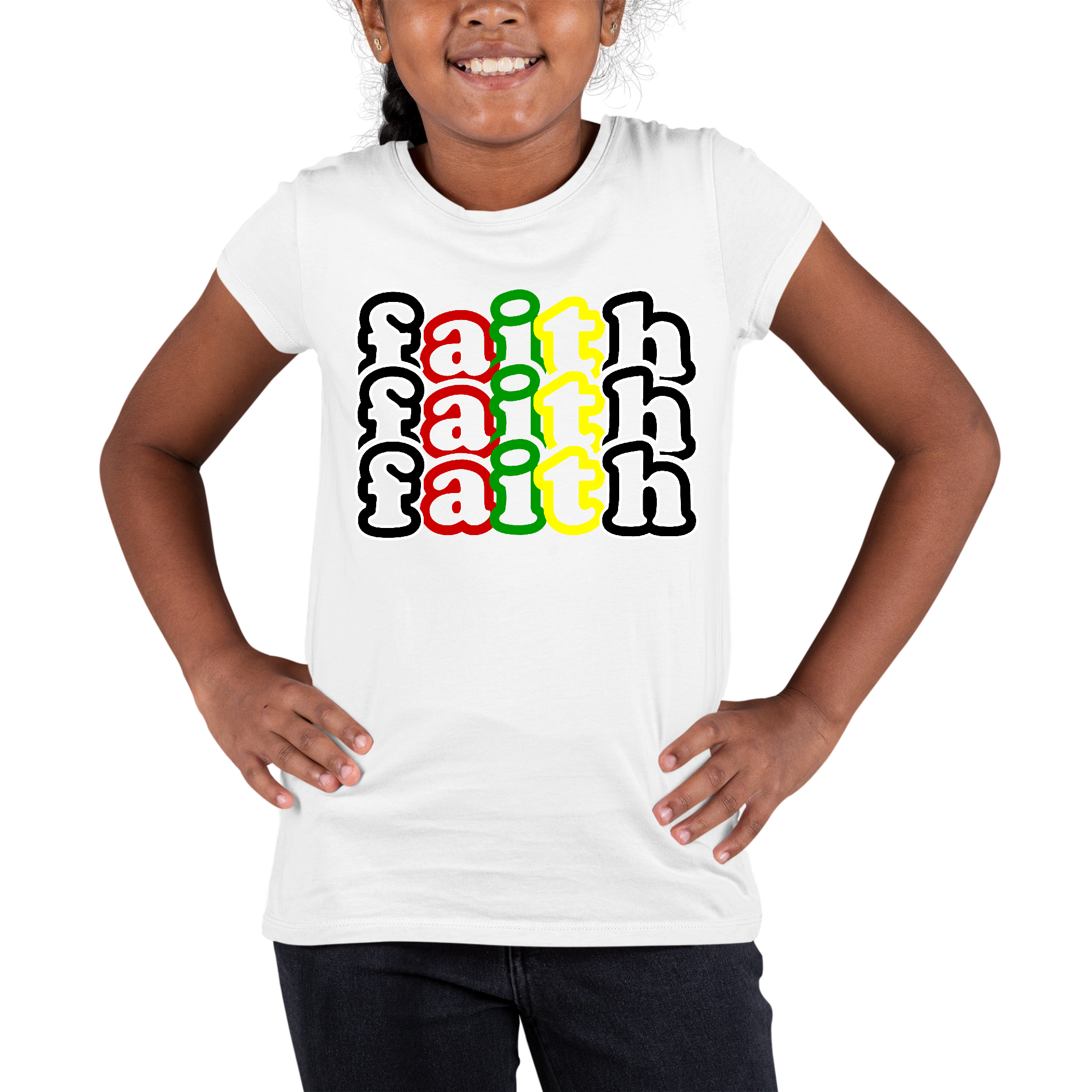 Youth Short Sleeve Graphic T-shirt in black featuring multicolor Faith Stack design, made from soft preshrunk cotton for comfort.