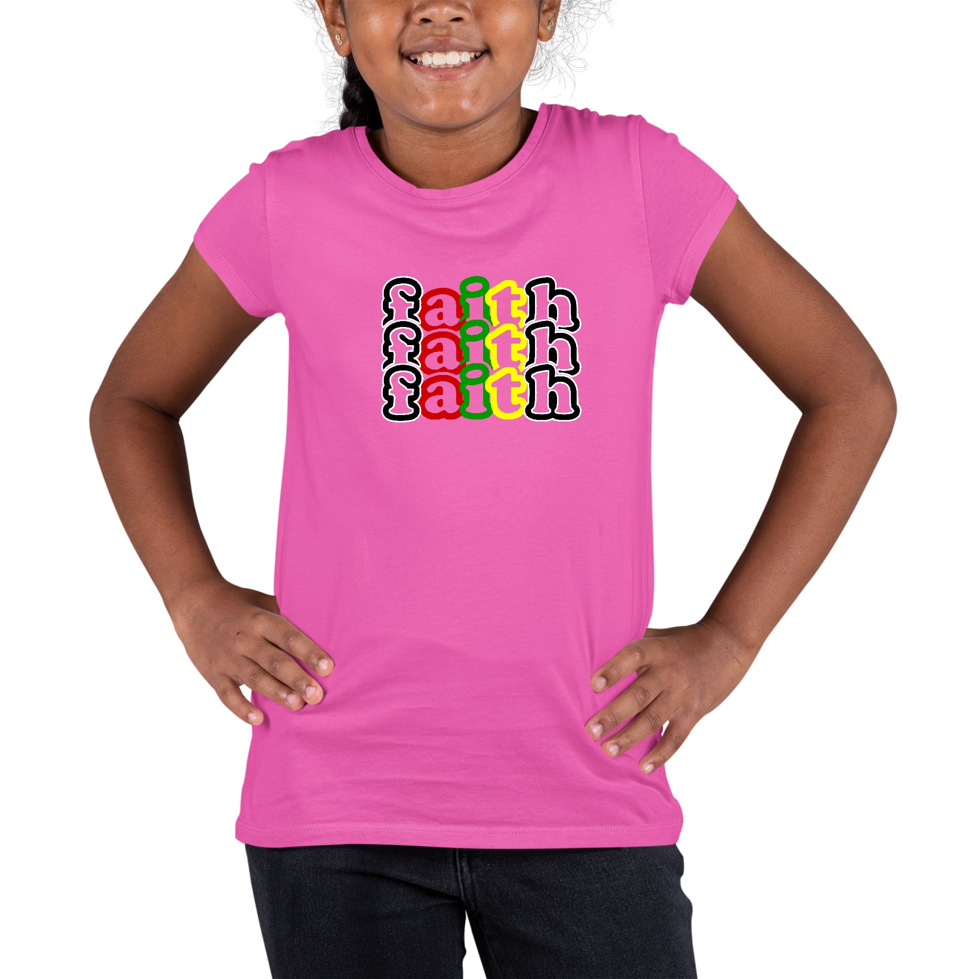 Youth Short Sleeve Graphic T-shirt in black featuring multicolor Faith Stack design, made from soft preshrunk cotton for comfort.