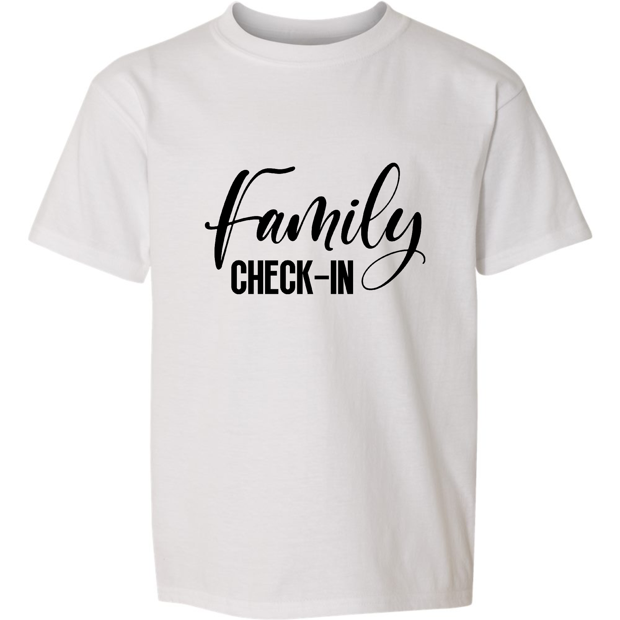 Youth Short Sleeve Graphic T-shirt featuring Family Check-in illustration in black print, made from soft preshrunk cotton.