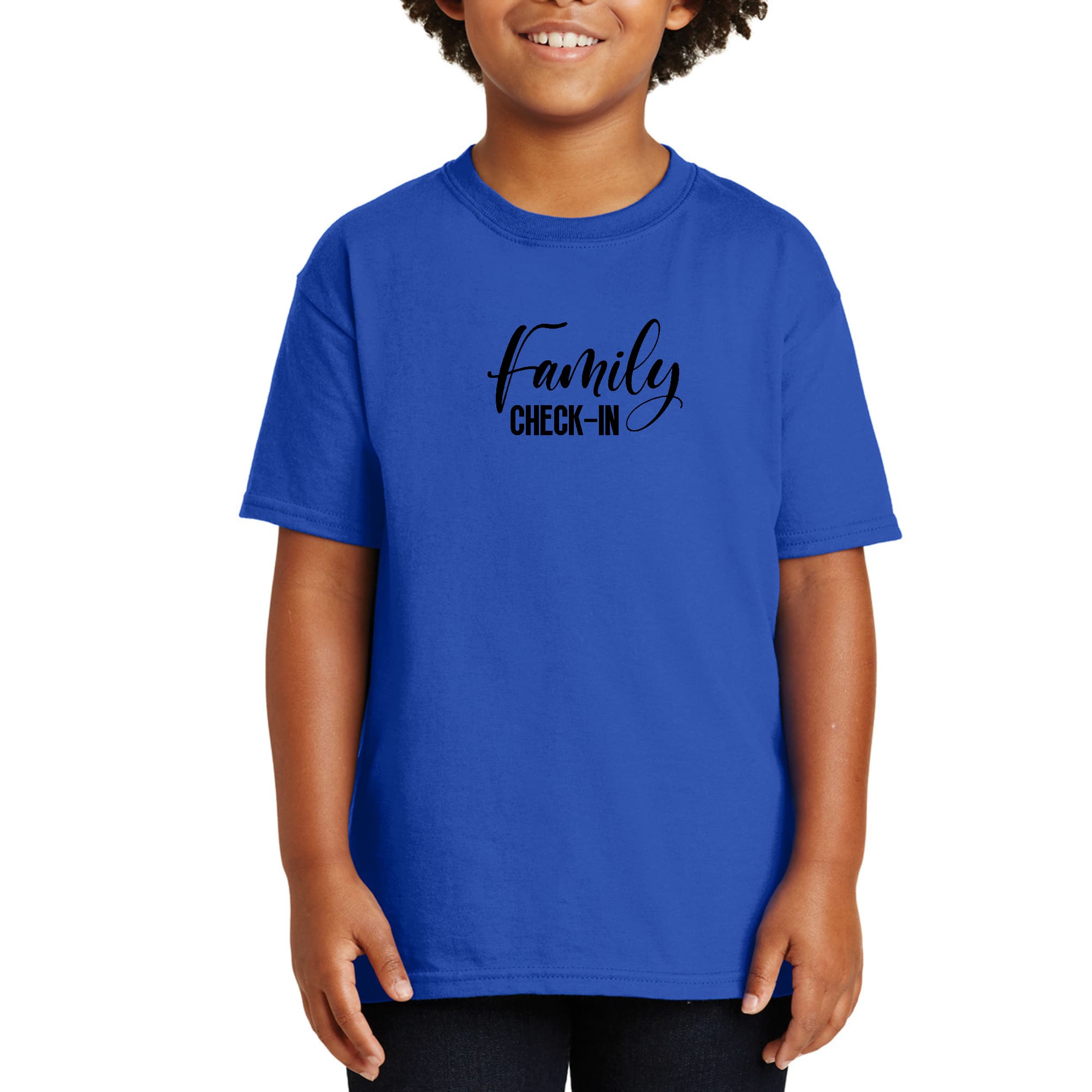 Youth Short Sleeve Graphic T-shirt featuring Family Check-in illustration in black print, made from soft preshrunk cotton.