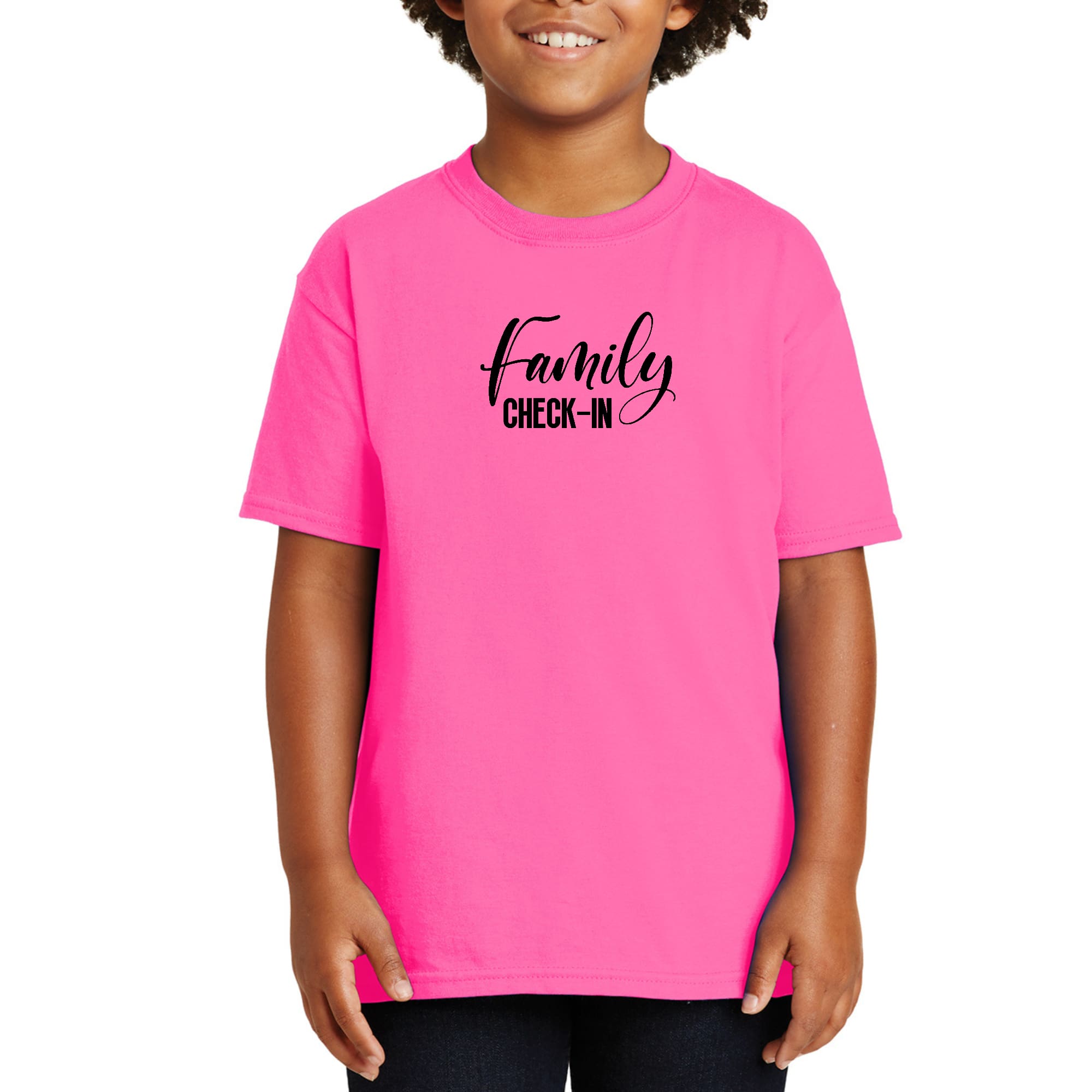 Youth Short Sleeve Graphic T-shirt featuring Family Check-in illustration in black print, made from soft preshrunk cotton.