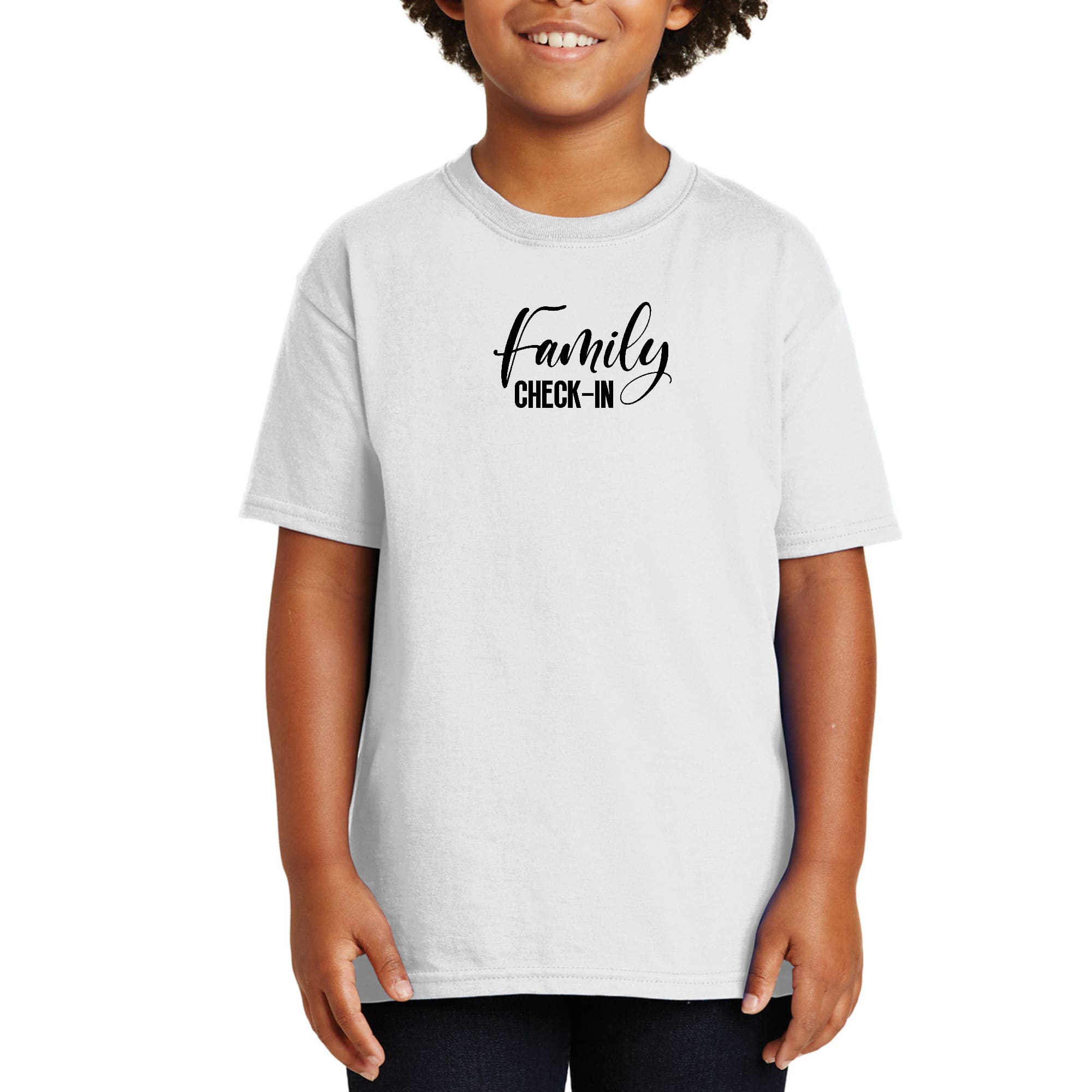 Youth Short Sleeve Graphic T-shirt featuring Family Check-in illustration in black print, made from soft preshrunk cotton.