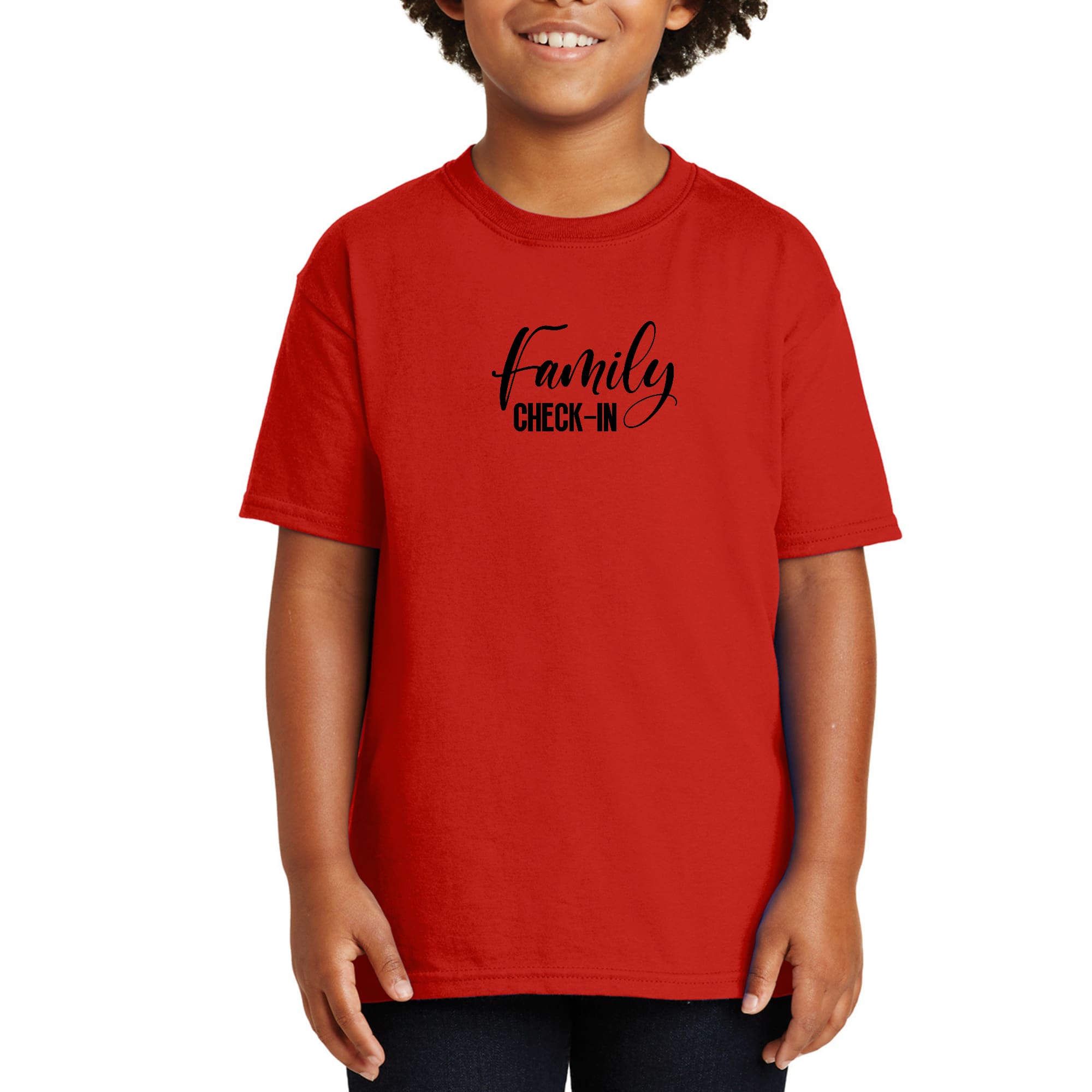 Youth Short Sleeve Graphic T-shirt featuring Family Check-in illustration in black print, made from soft preshrunk cotton.