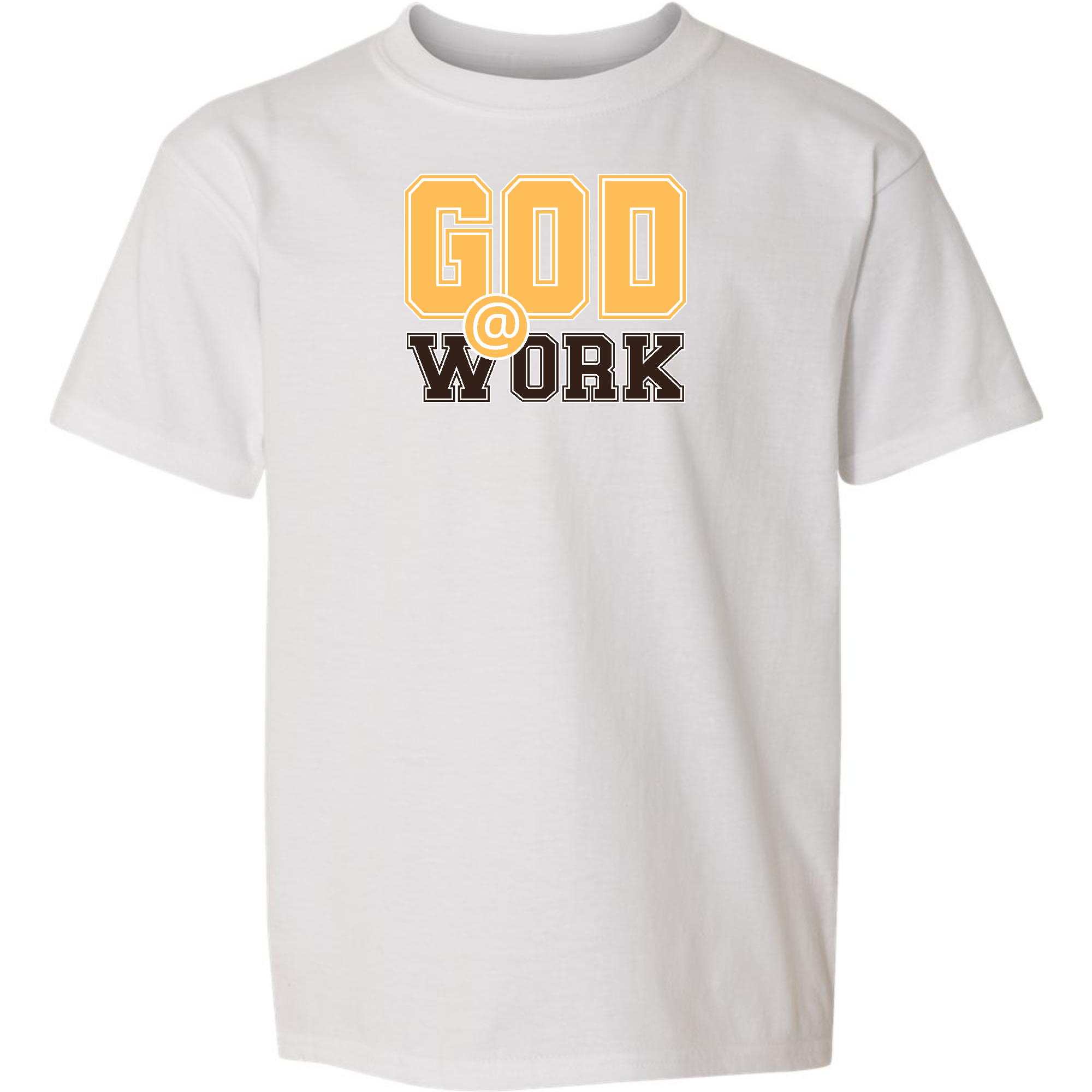 Youth Short Sleeve Graphic T-shirt in golden yellow with God @ Work print, showcasing a comfortable and stylish design for kids.