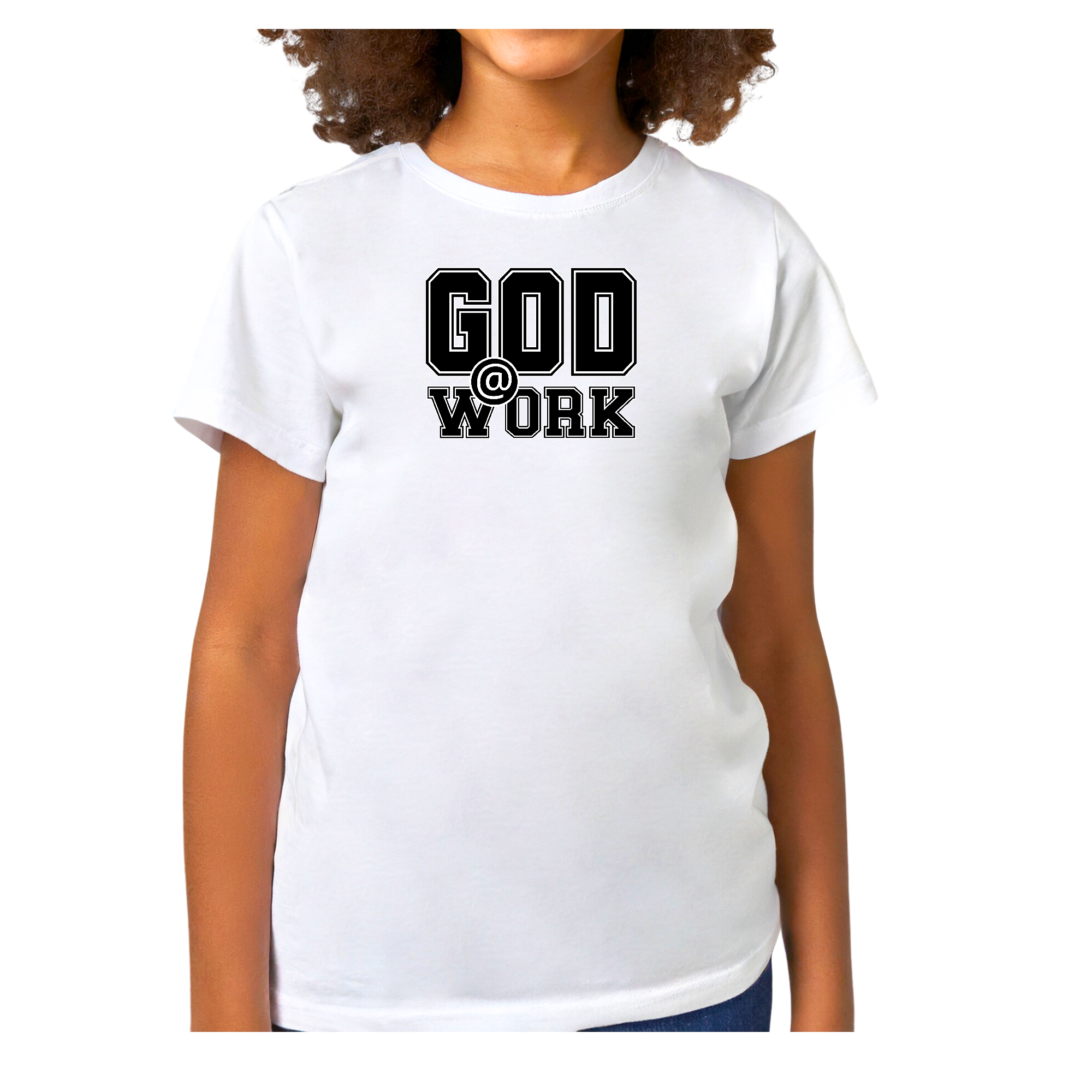 Youth short sleeve graphic t-shirt featuring a God @ Work print in black and white, made from soft preshrunk cotton.