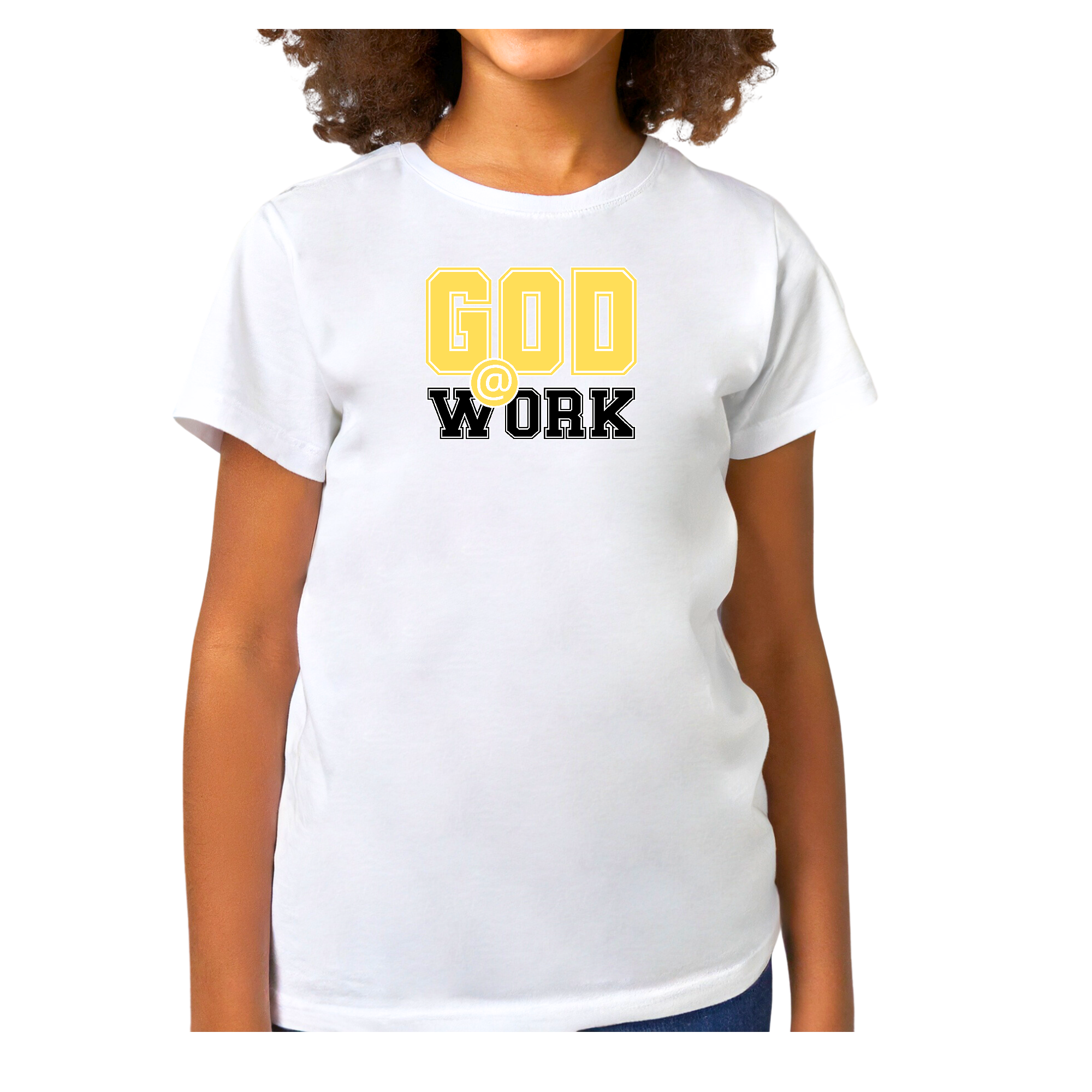 Youth short sleeve graphic T-shirt in yellow and black with 'God @ Work' print, made from soft preshrunk cotton.