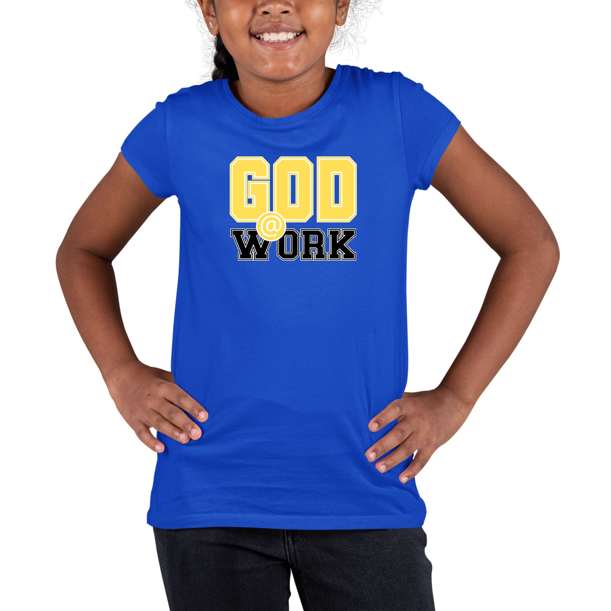 Youth short sleeve graphic T-shirt in yellow and black with 'God @ Work' print, made from soft preshrunk cotton.