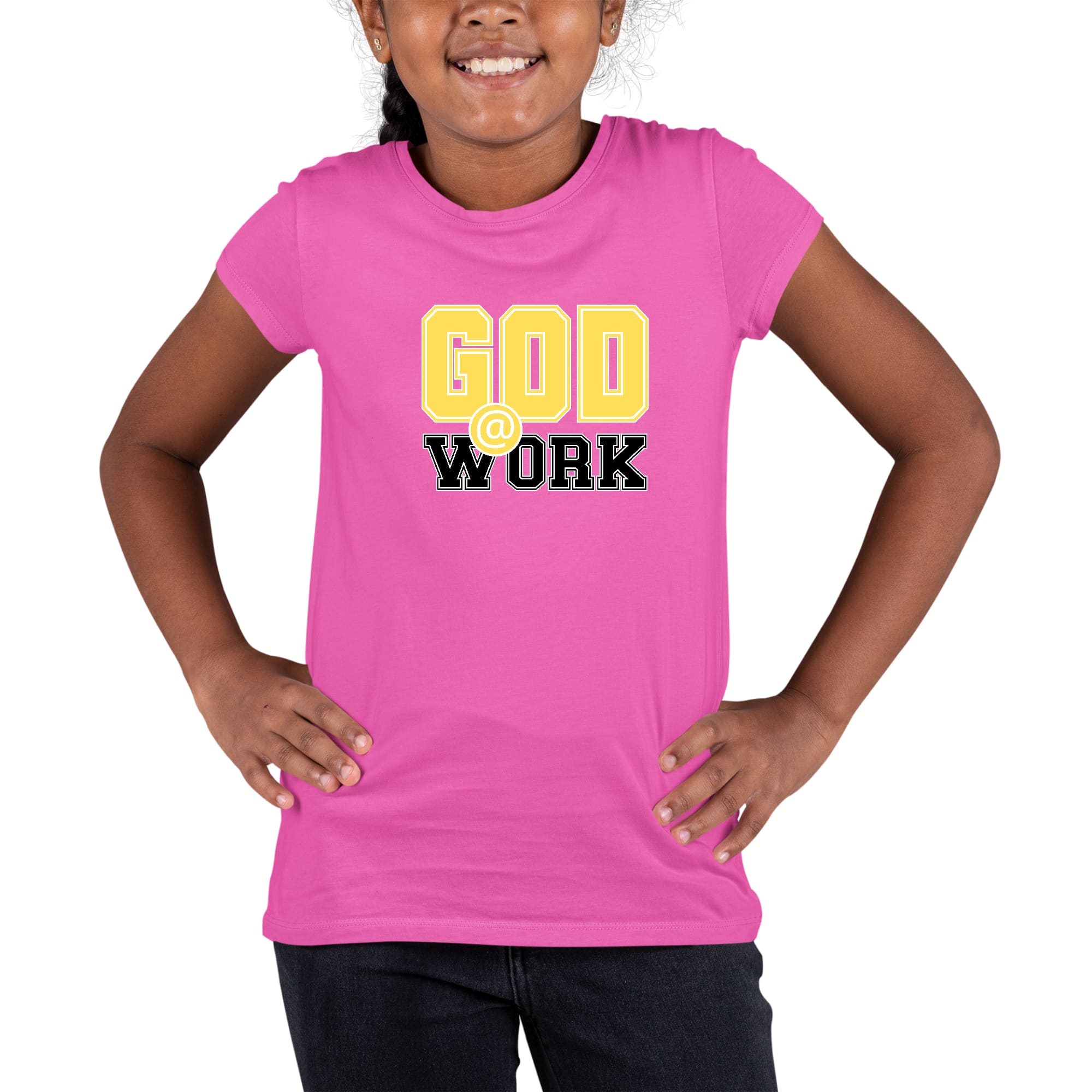 Youth short sleeve graphic T-shirt in yellow and black with 'God @ Work' print, made from soft preshrunk cotton.