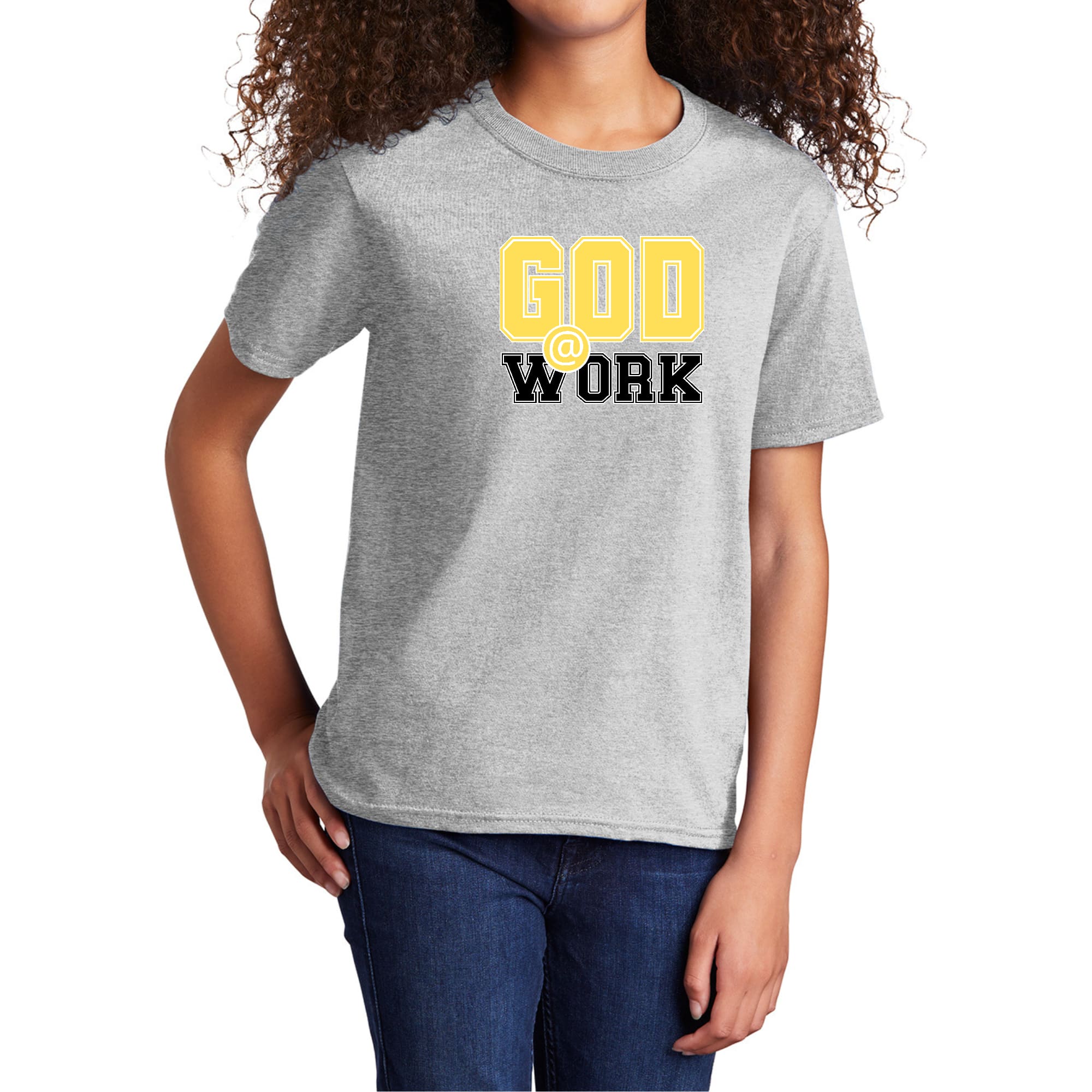 Youth short sleeve graphic T-shirt in yellow and black with 'God @ Work' print, made from soft preshrunk cotton.