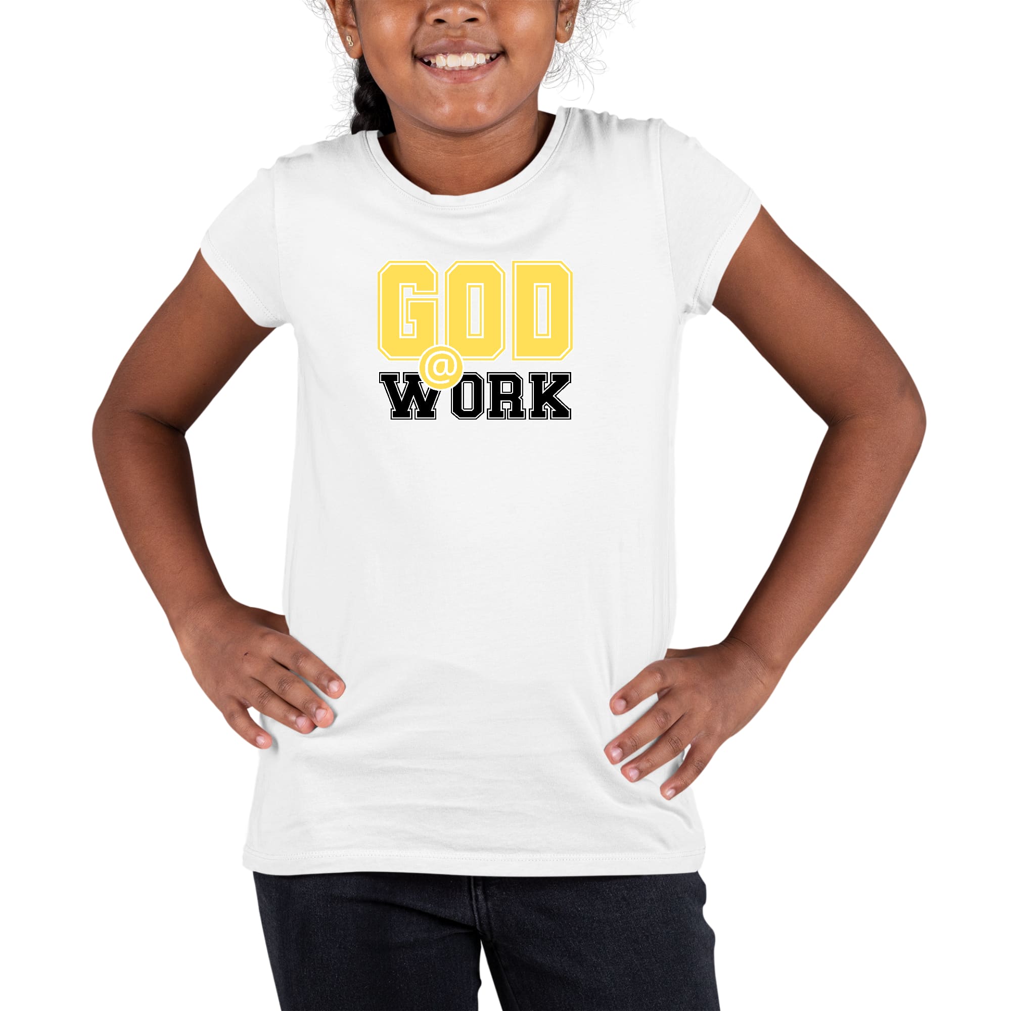 Youth short sleeve graphic T-shirt in yellow and black with 'God @ Work' print, made from soft preshrunk cotton.