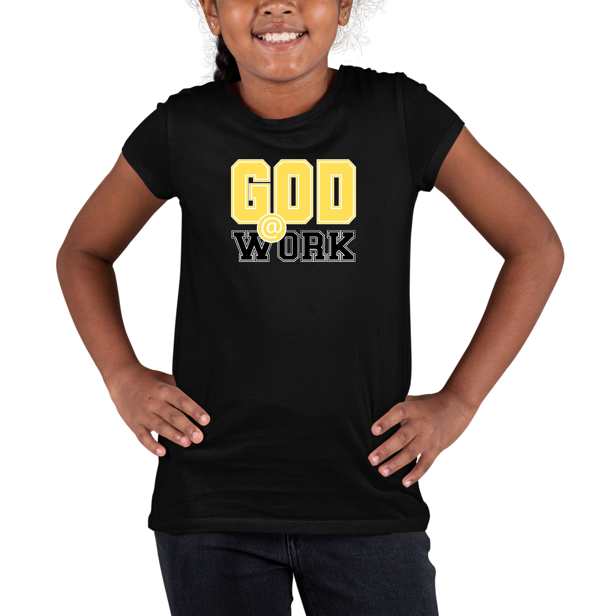 Youth short sleeve graphic T-shirt in yellow and black with 'God @ Work' print, made from soft preshrunk cotton.