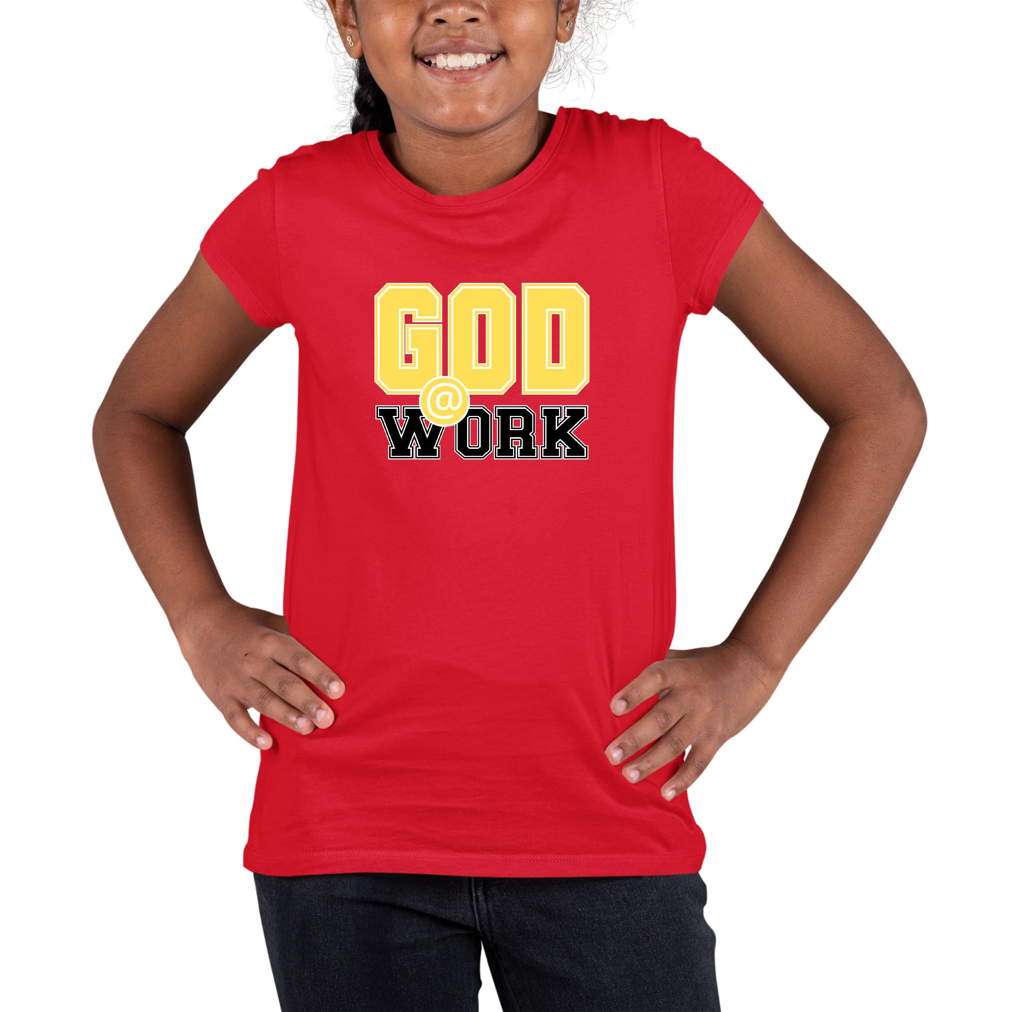 Youth short sleeve graphic T-shirt in yellow and black with 'God @ Work' print, made from soft preshrunk cotton.