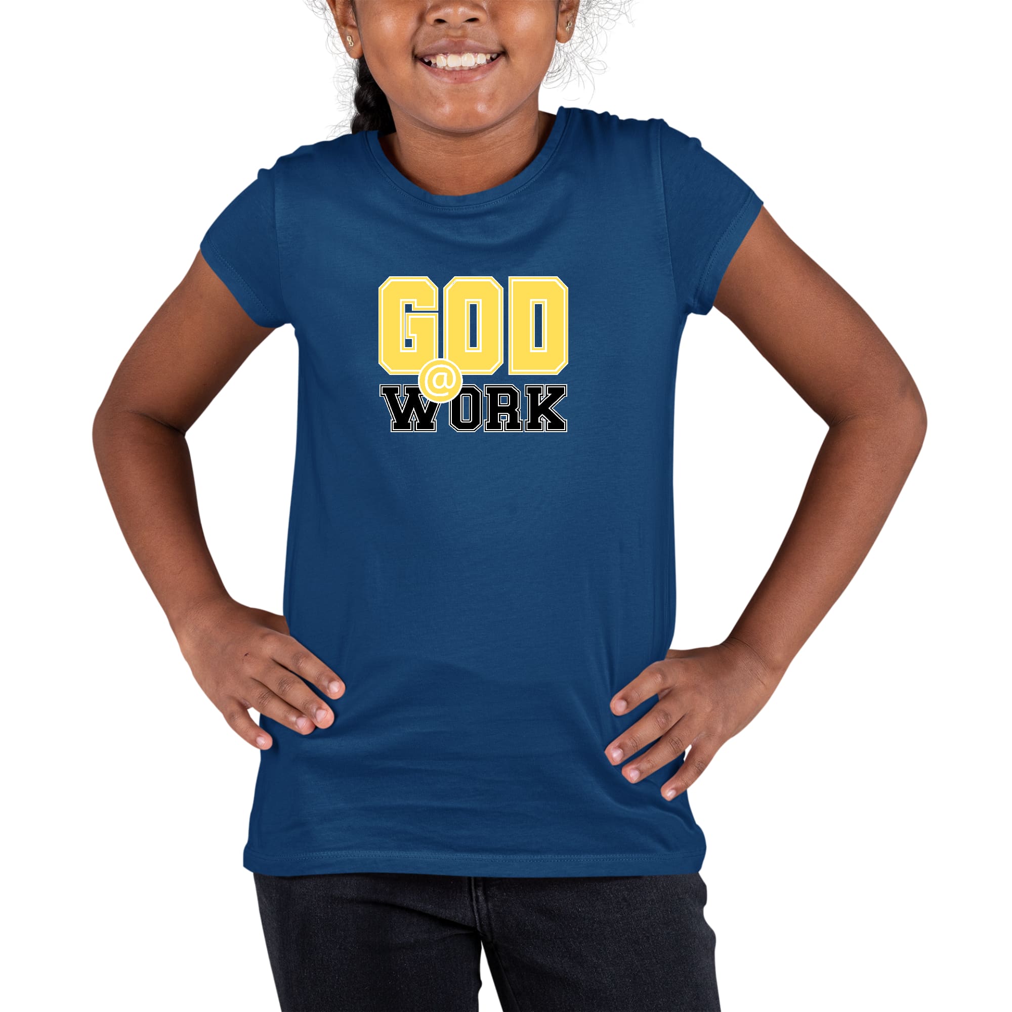 Youth short sleeve graphic T-shirt in yellow and black with 'God @ Work' print, made from soft preshrunk cotton.