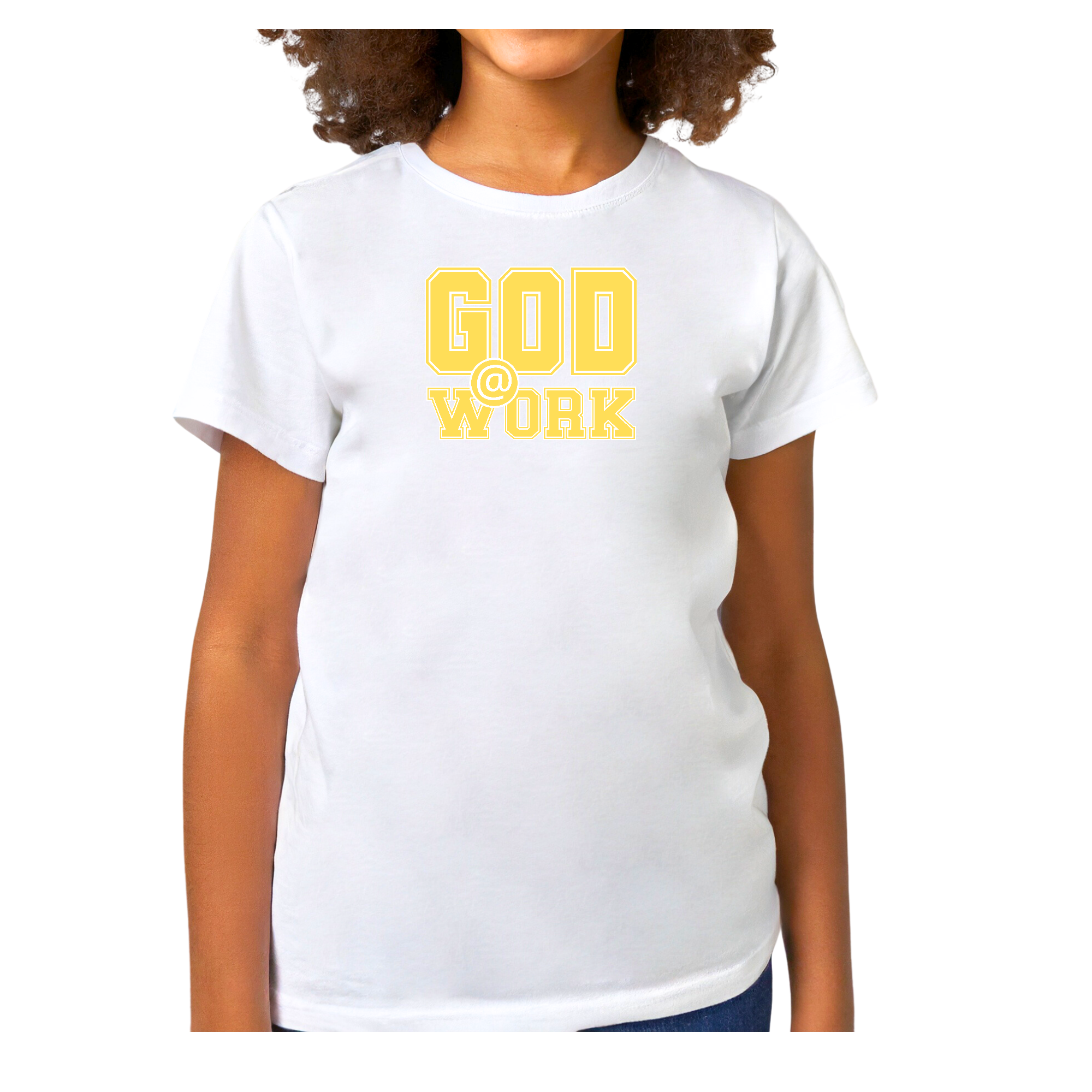 Youth short sleeve graphic t-shirt in yellow and white with 'God @ Work' print, made from soft preshrunk cotton.