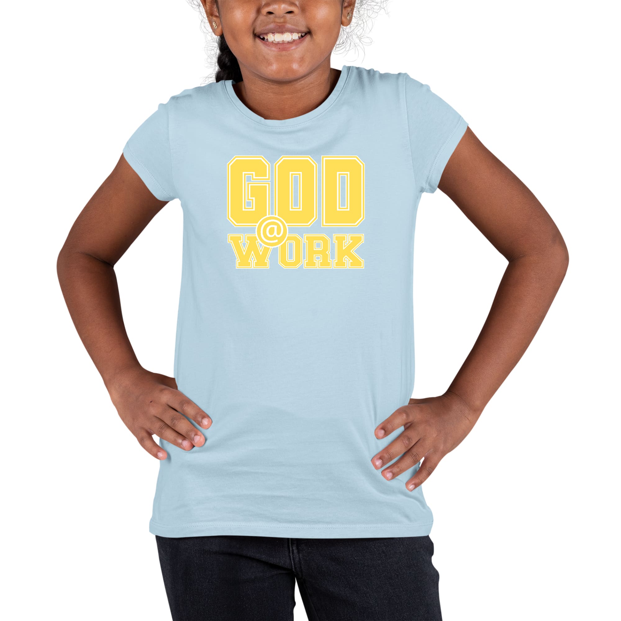 Youth short sleeve graphic t-shirt in yellow and white with 'God @ Work' print, made from soft preshrunk cotton.