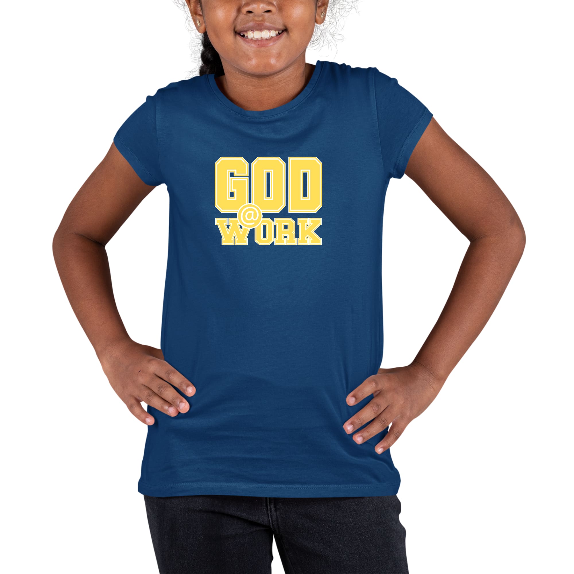 Youth short sleeve graphic t-shirt in yellow and white with 'God @ Work' print, made from soft preshrunk cotton.