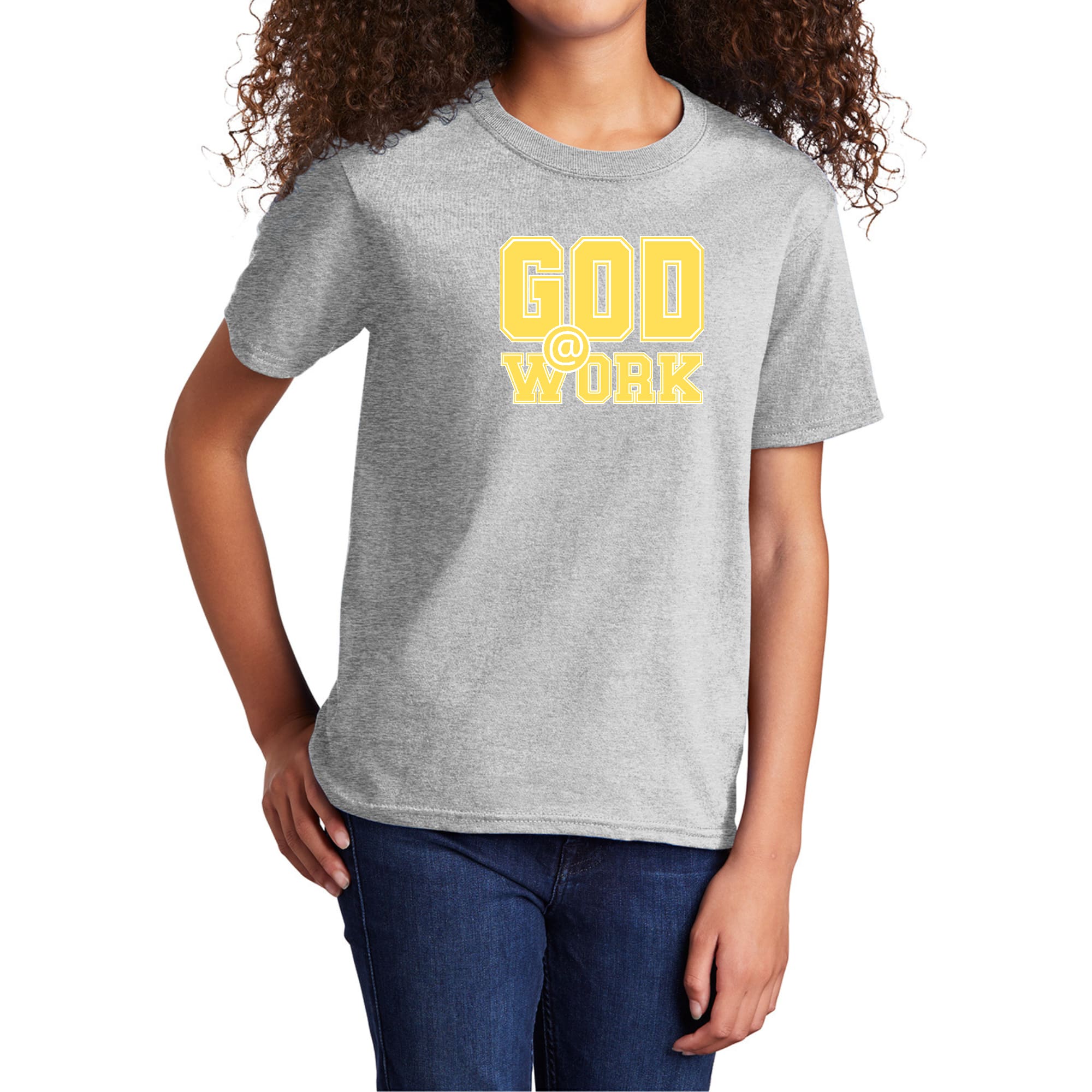 Youth short sleeve graphic t-shirt in yellow and white with 'God @ Work' print, made from soft preshrunk cotton.