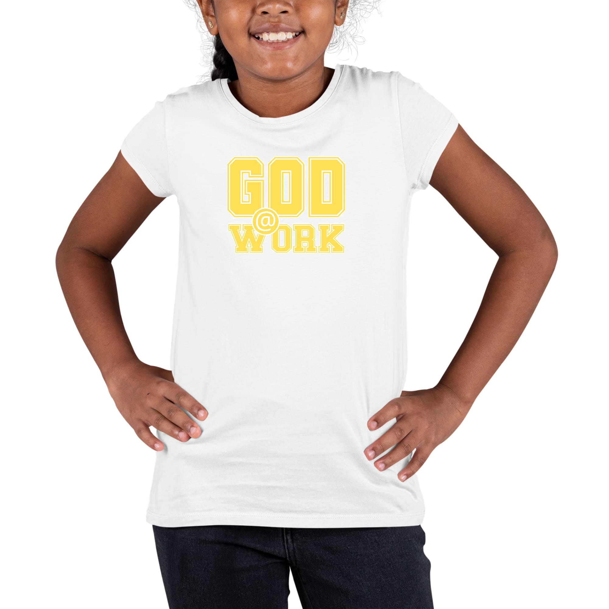 Youth short sleeve graphic t-shirt in yellow and white with 'God @ Work' print, made from soft preshrunk cotton.