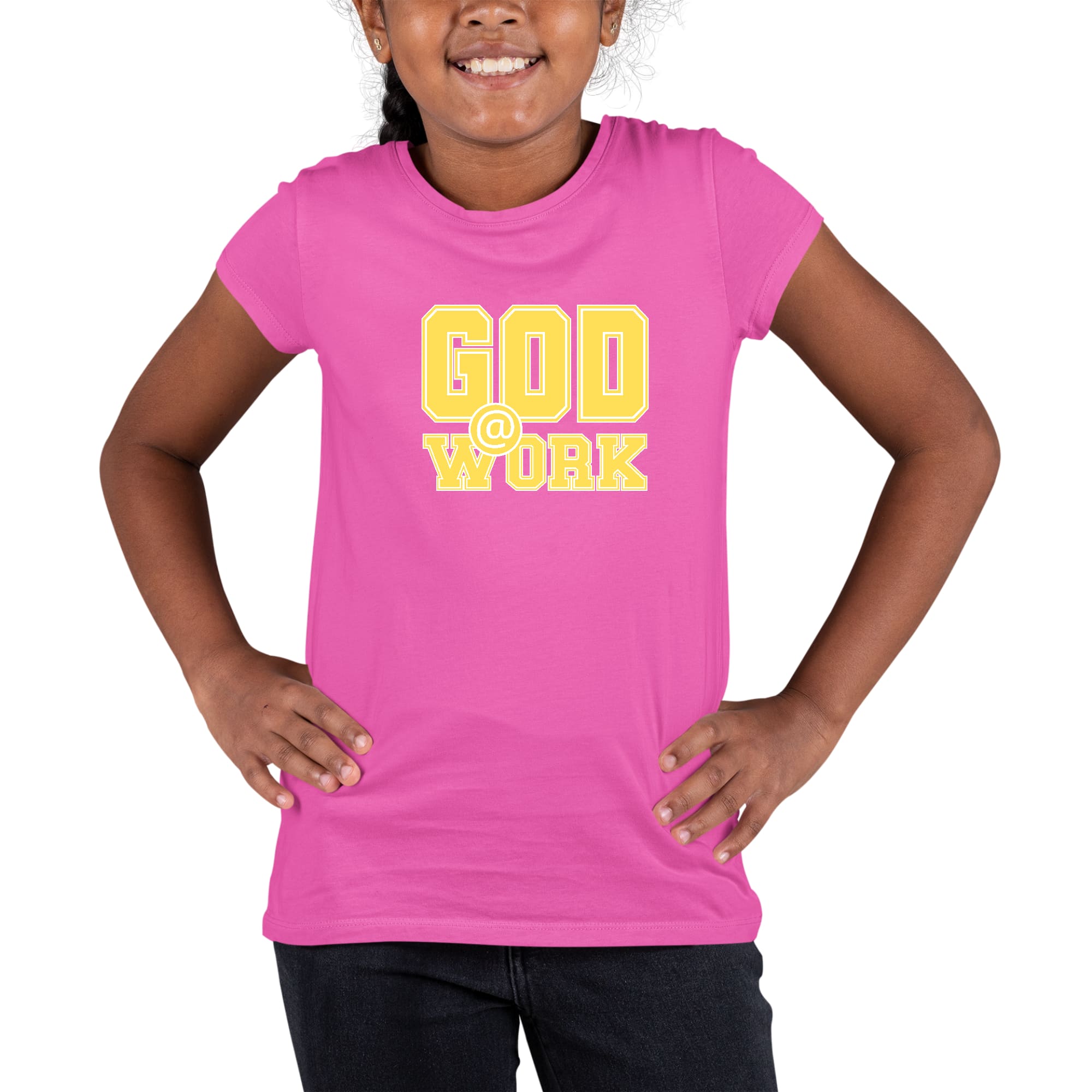 Youth short sleeve graphic t-shirt in yellow and white with 'God @ Work' print, made from soft preshrunk cotton.