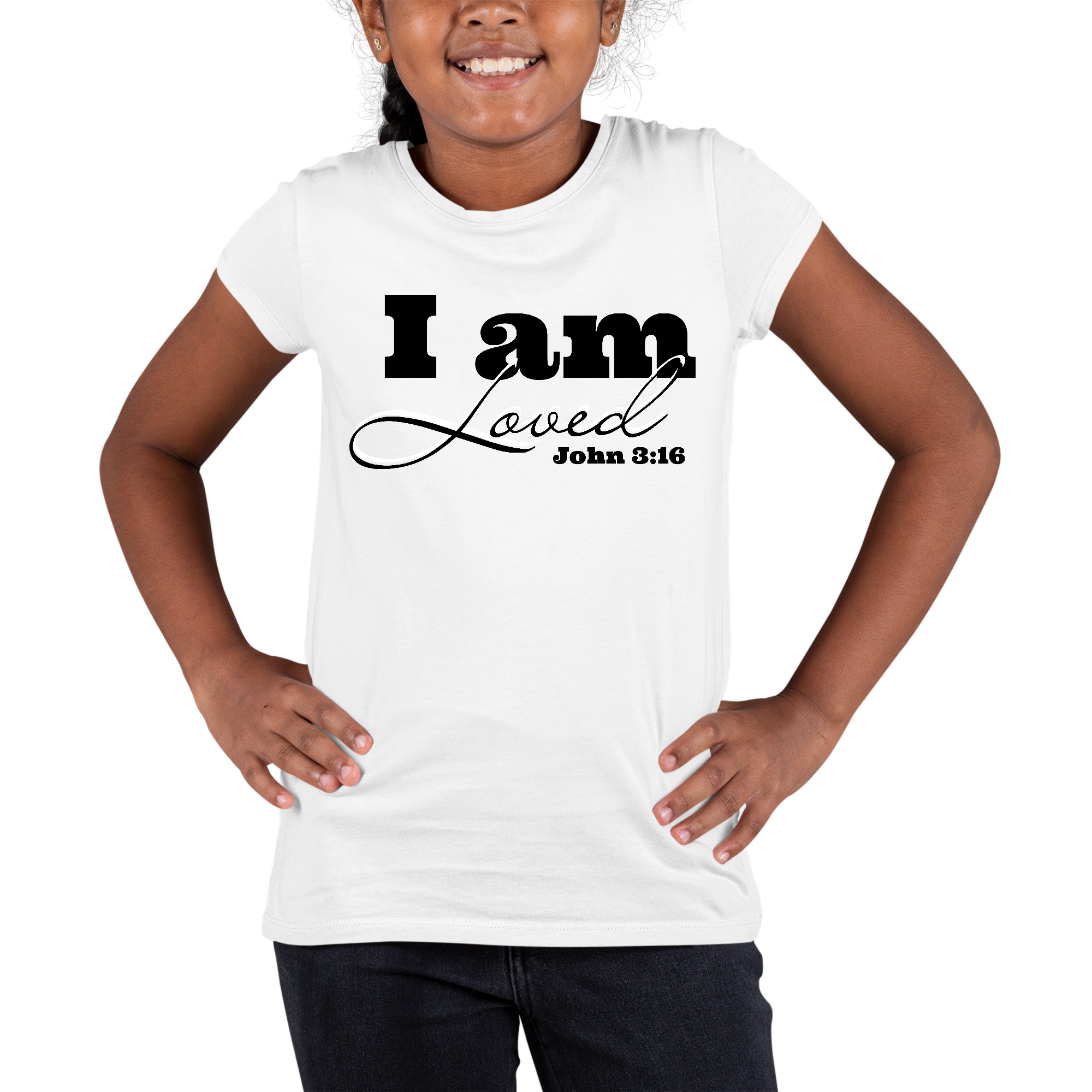 Youth black short sleeve graphic t-shirt with 'I Am Loved' and John 3:16 scripture verse printed on it.