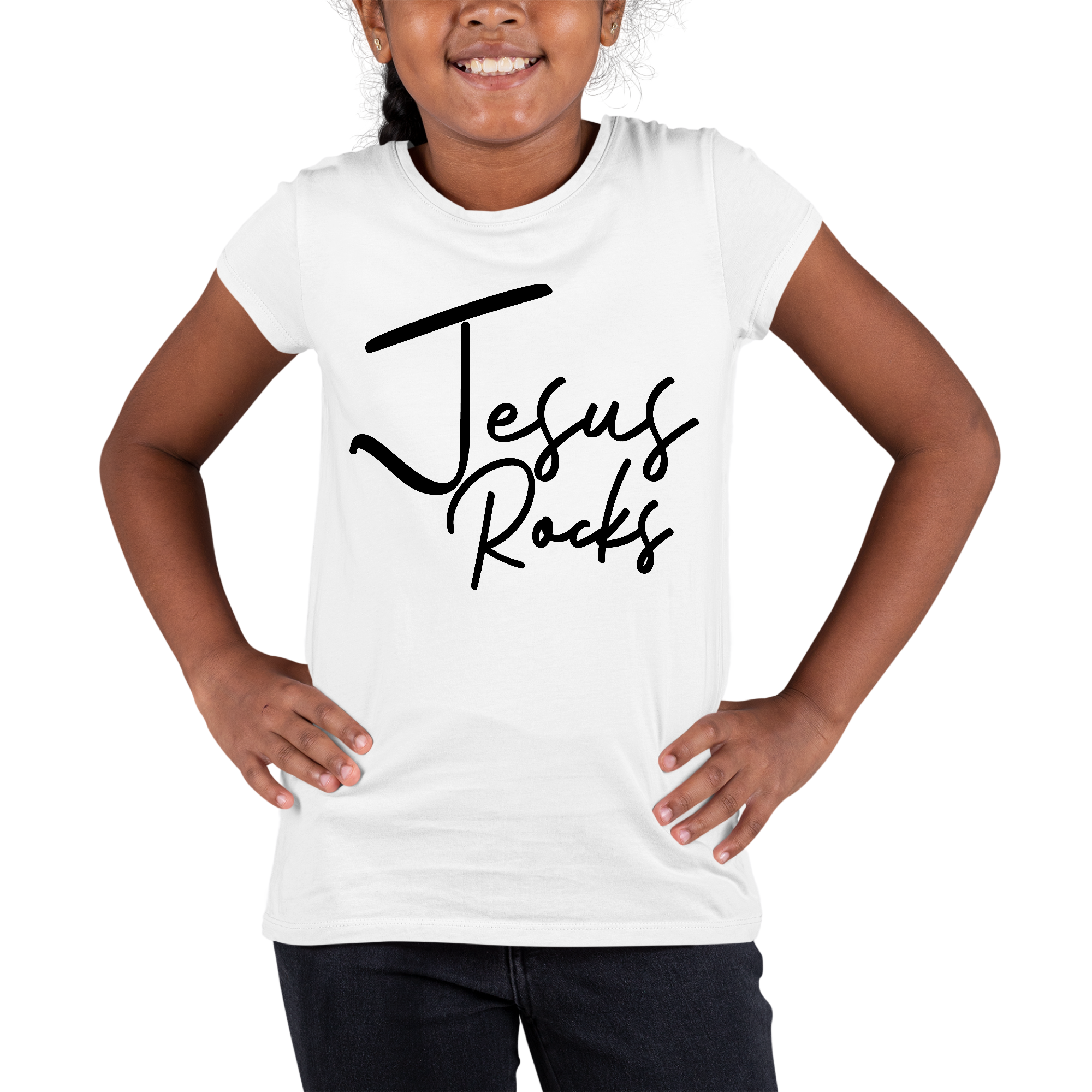 Youth Short Sleeve Graphic T-shirt featuring a vibrant Jesus Rocks print on a black background, made from soft preshrunk cotton.