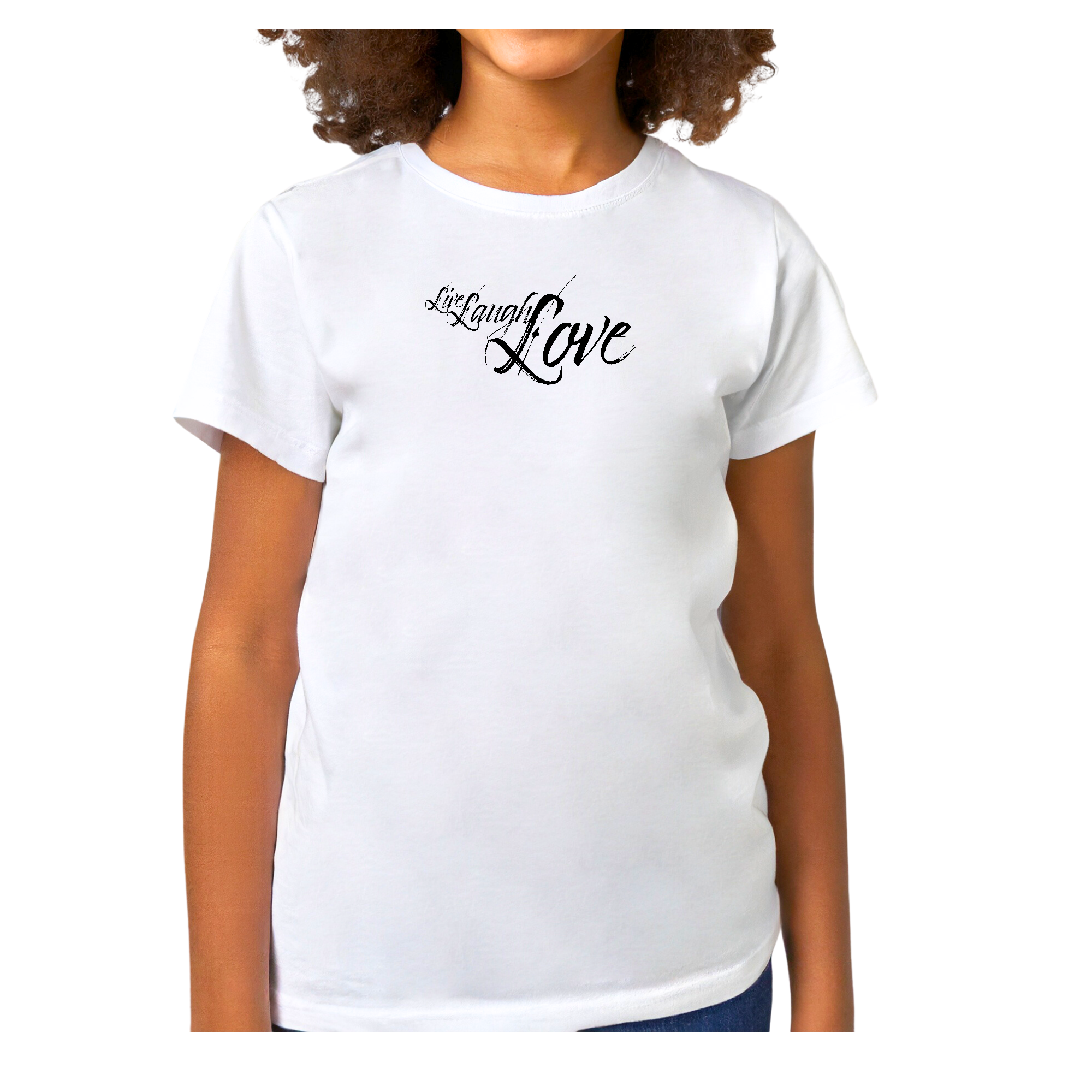 Youth Short Sleeve Graphic T-shirt in black featuring Live Laugh Love illustration, made from soft preshrunk cotton for comfort.