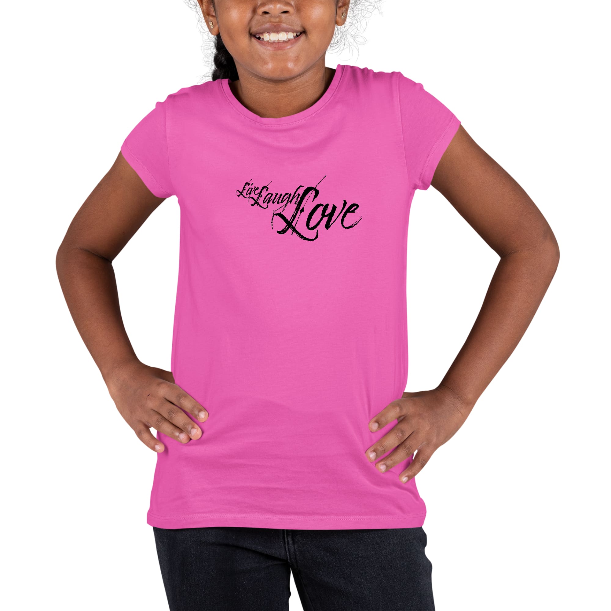 Youth Short Sleeve Graphic T-shirt in black featuring Live Laugh Love illustration, made from soft preshrunk cotton for comfort.