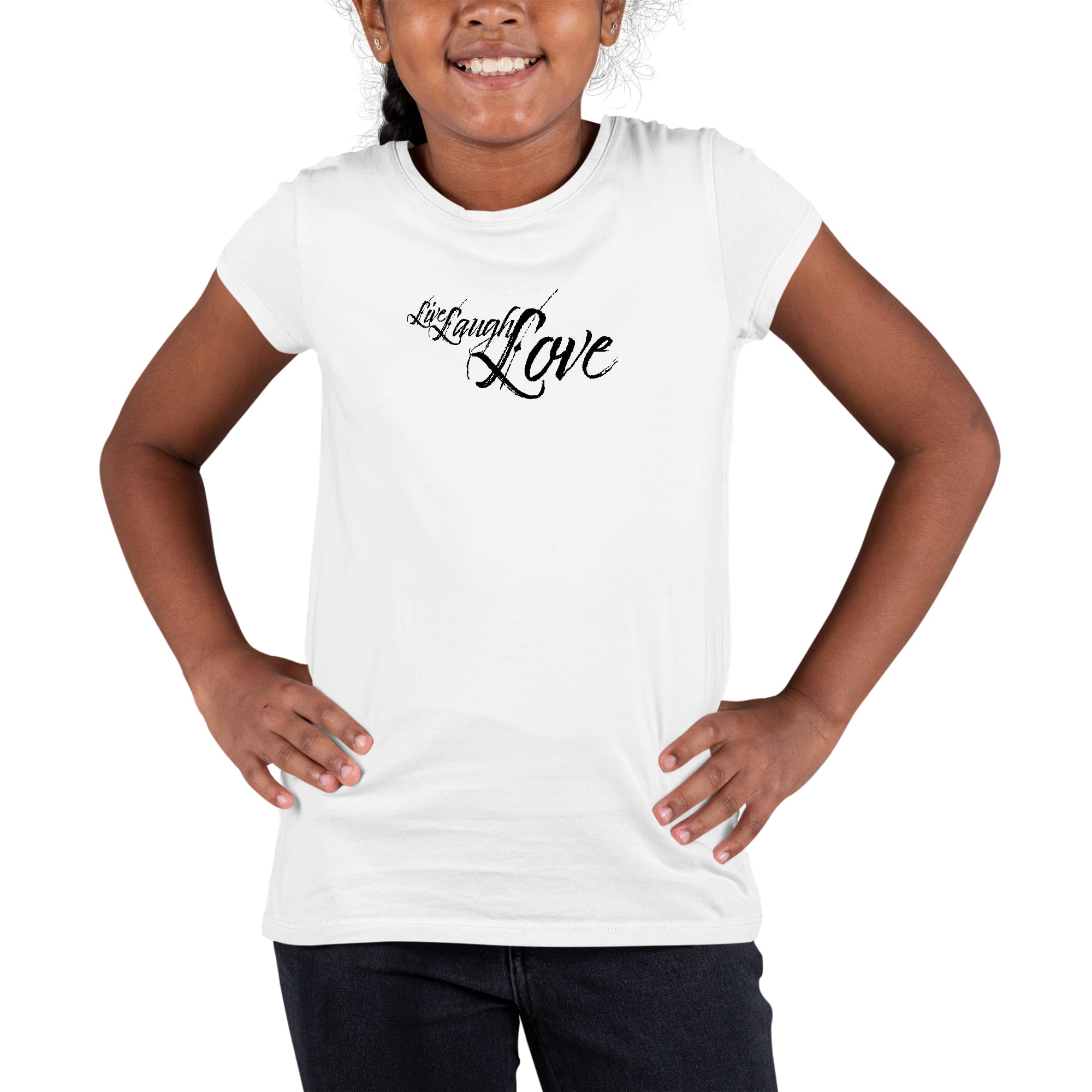 Youth Short Sleeve Graphic T-shirt in black featuring Live Laugh Love illustration, made from soft preshrunk cotton for comfort.