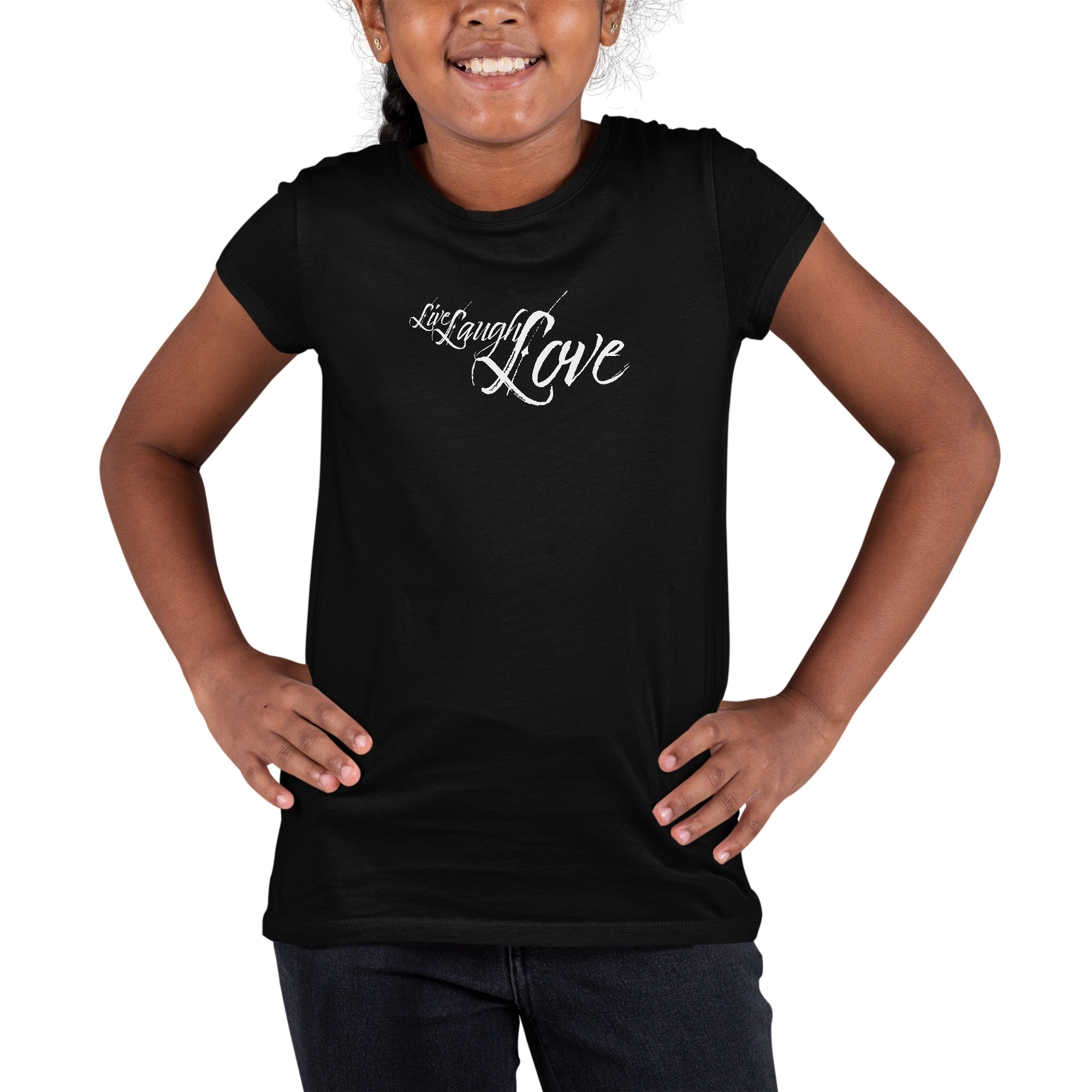 Light grey youth short sleeve graphic T-shirt with 'Live Laugh Love' illustration, made from soft preshrunk cotton.