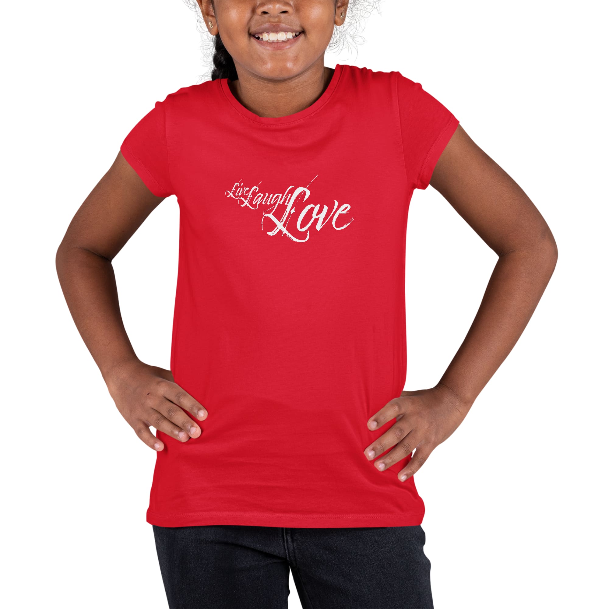 Light grey youth short sleeve graphic T-shirt with 'Live Laugh Love' illustration, made from soft preshrunk cotton.