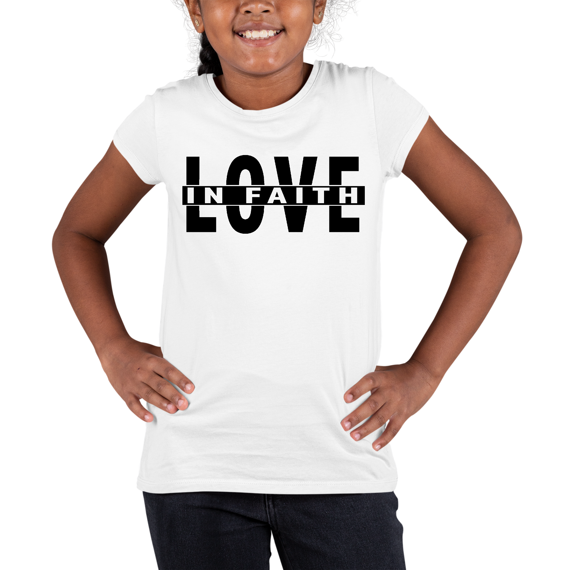 Youth short sleeve graphic t-shirt featuring a black illustration of 'Love in Faith', made from soft preshrunk cotton.