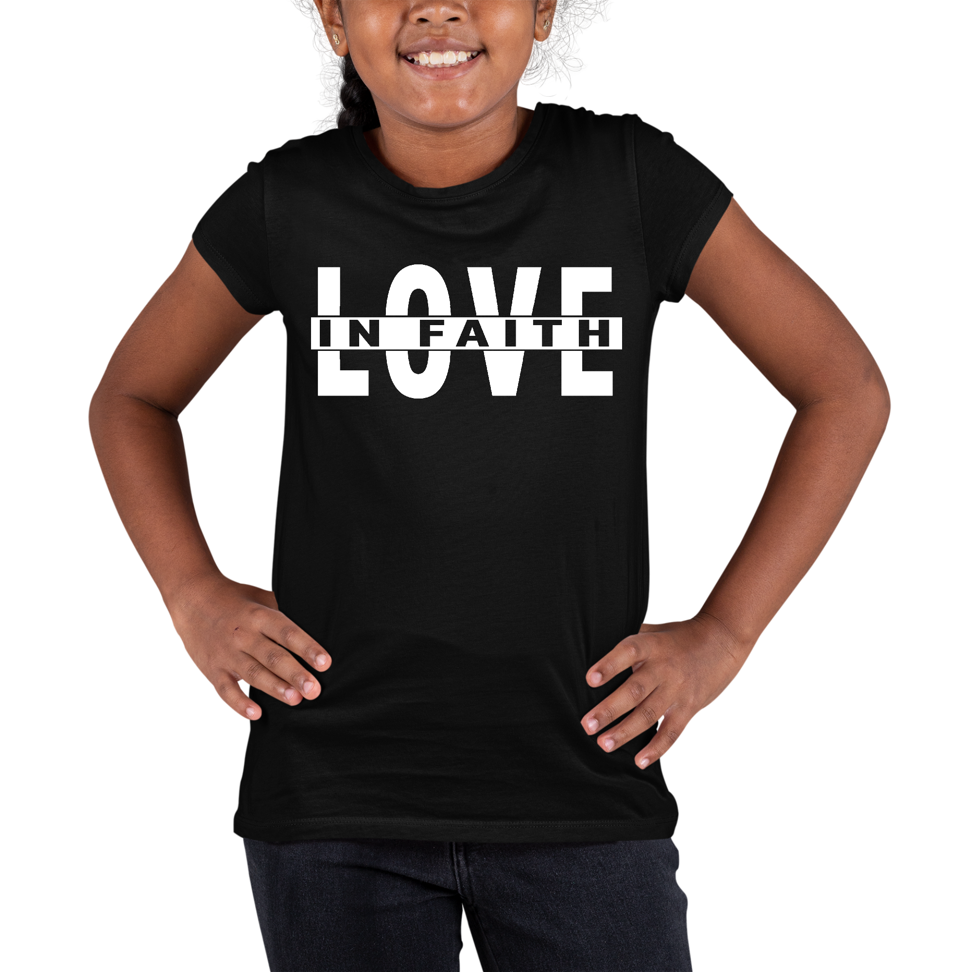 Youth Short Sleeve Graphic T-shirt featuring 'Love in Faith' scripture design, made from soft preshrunk cotton with a classic fit.