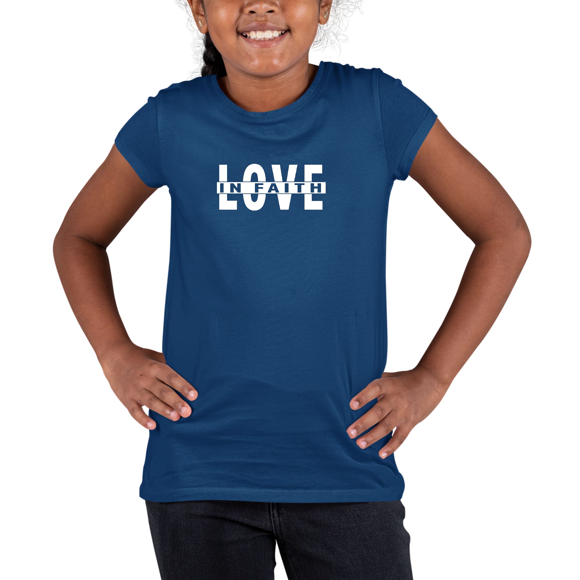 Youth Short Sleeve Graphic T-shirt featuring 'Love in Faith' scripture design, made from soft preshrunk cotton with a classic fit.