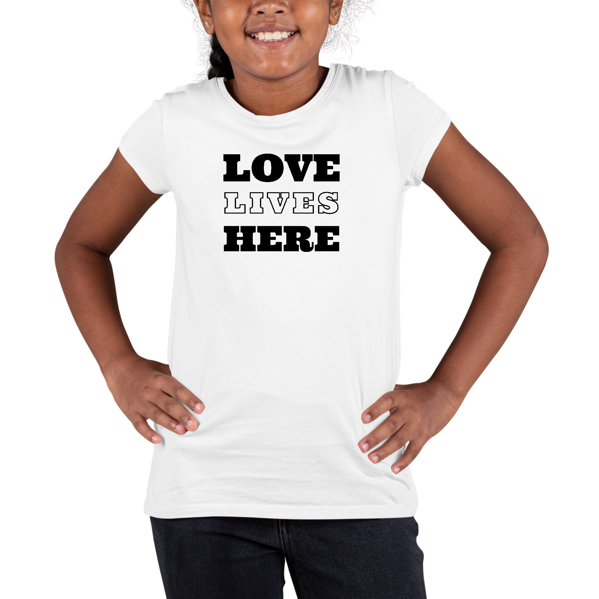 Youth Short Sleeve Graphic T-shirt featuring 'Love Lives Here' design, made from soft preshrunk cotton, ideal for casual wear.