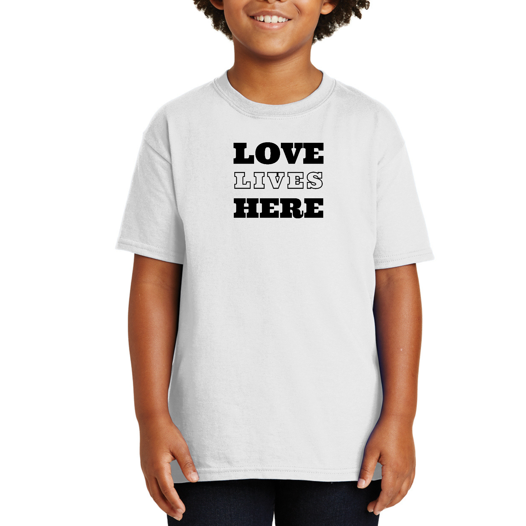 Youth Short Sleeve Graphic T-shirt with 'Love Lives Here' design, made from soft preshrunk cotton, featuring a classic fit and crewneck.