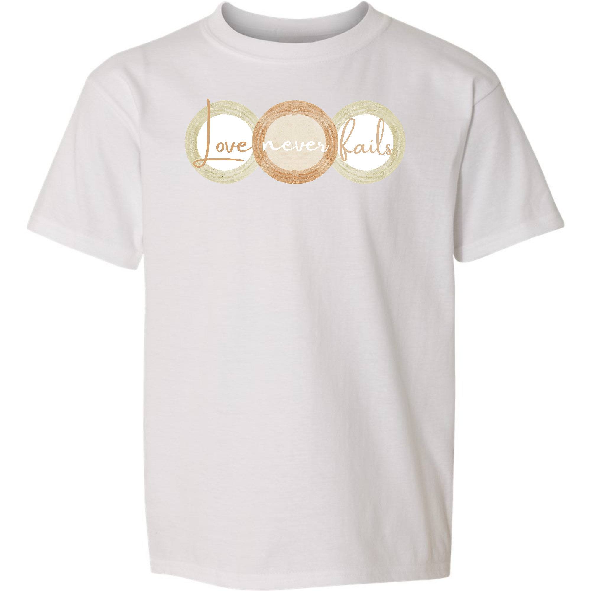 Youth Short Sleeve Graphic T-shirt in pastel brown featuring 'Love Never Fails' design with circular shapes.