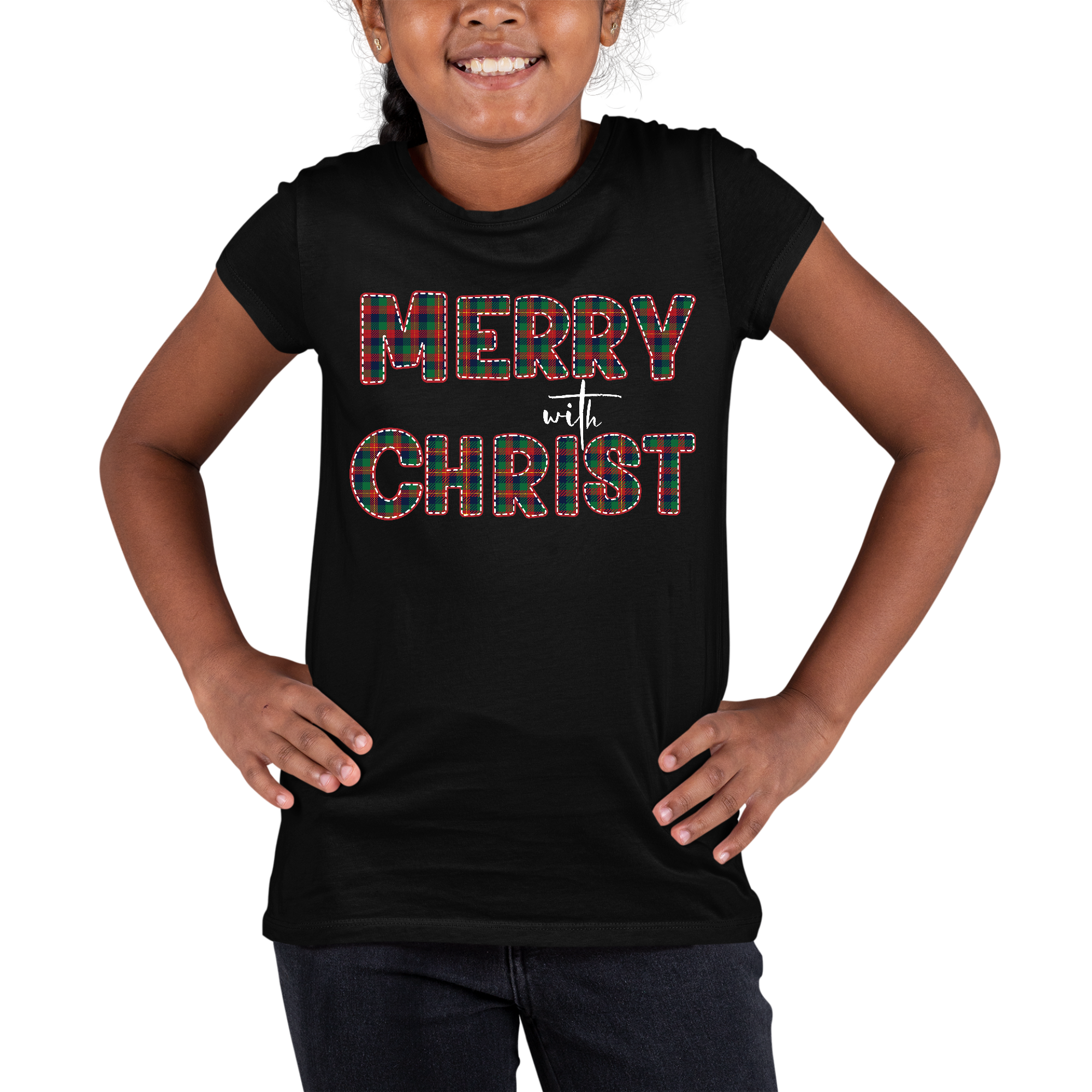 Youth short sleeve graphic T-shirt in red and green plaid with 'Merry with Christ' print, perfect for holiday celebrations.