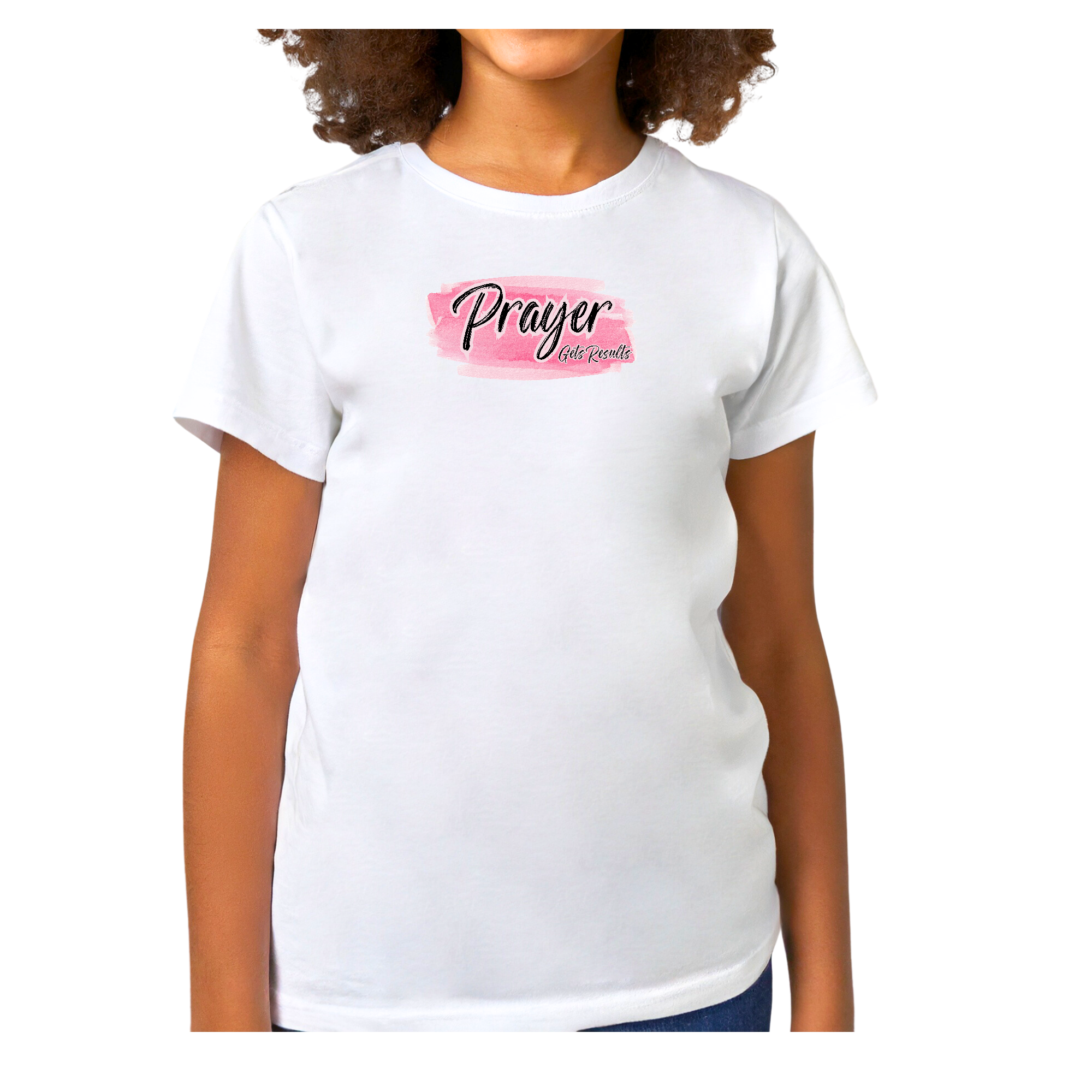 Youth Short Sleeve Graphic T-shirt in pink and black with 'Prayer Gets Results' illustration, made from soft preshrunk cotton.