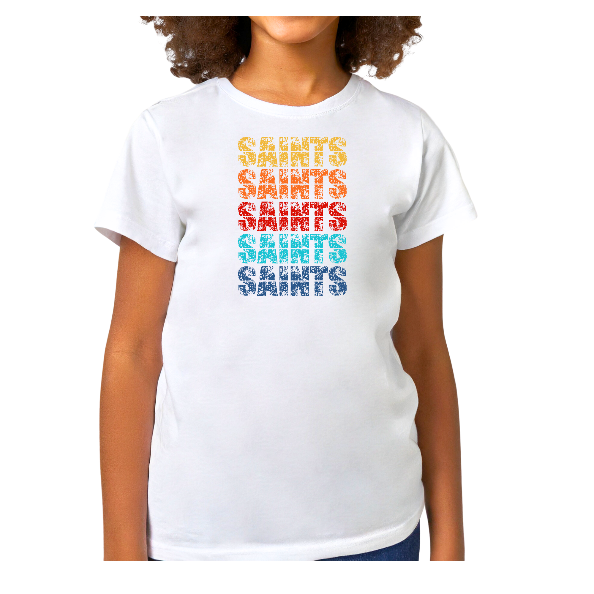 Youth Short Sleeve Graphic T-shirt featuring a colorful Saints art illustration, made from soft preshrunk cotton for comfort.