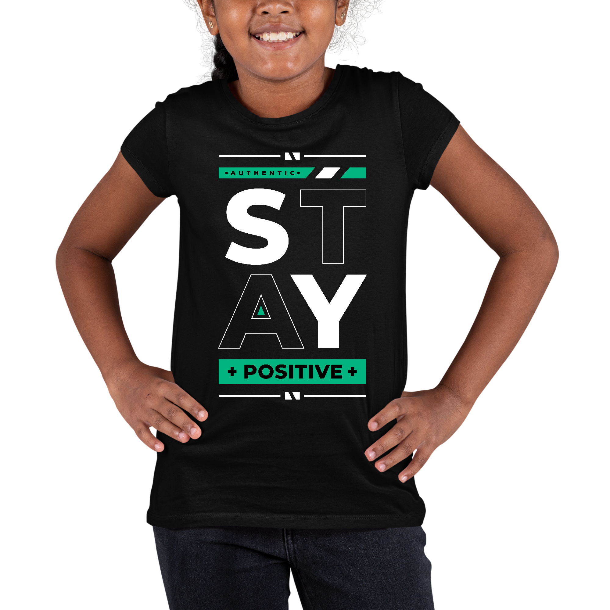 Youth Short Sleeve Graphic T-shirt featuring a vibrant 'Stay Positive' design, made from soft preshrunk cotton, suitable for both men and women.