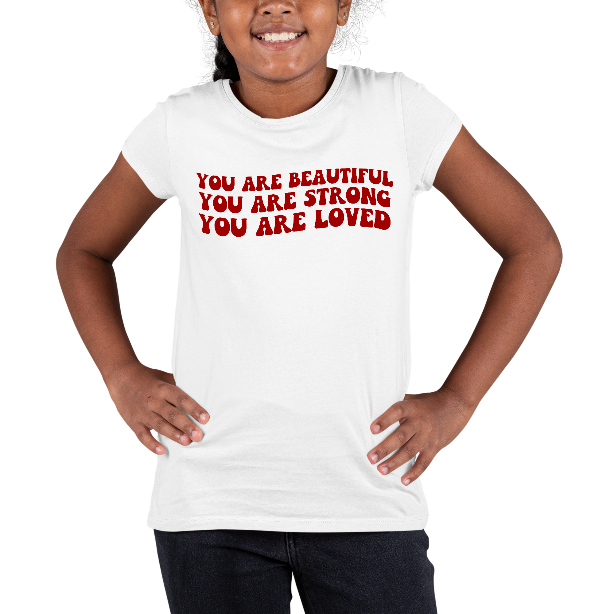 Youth Short Sleeve Graphic T-shirt in red with the text 'You Are Beautiful Strong Loved', showcasing a comfortable fit and stylish design.