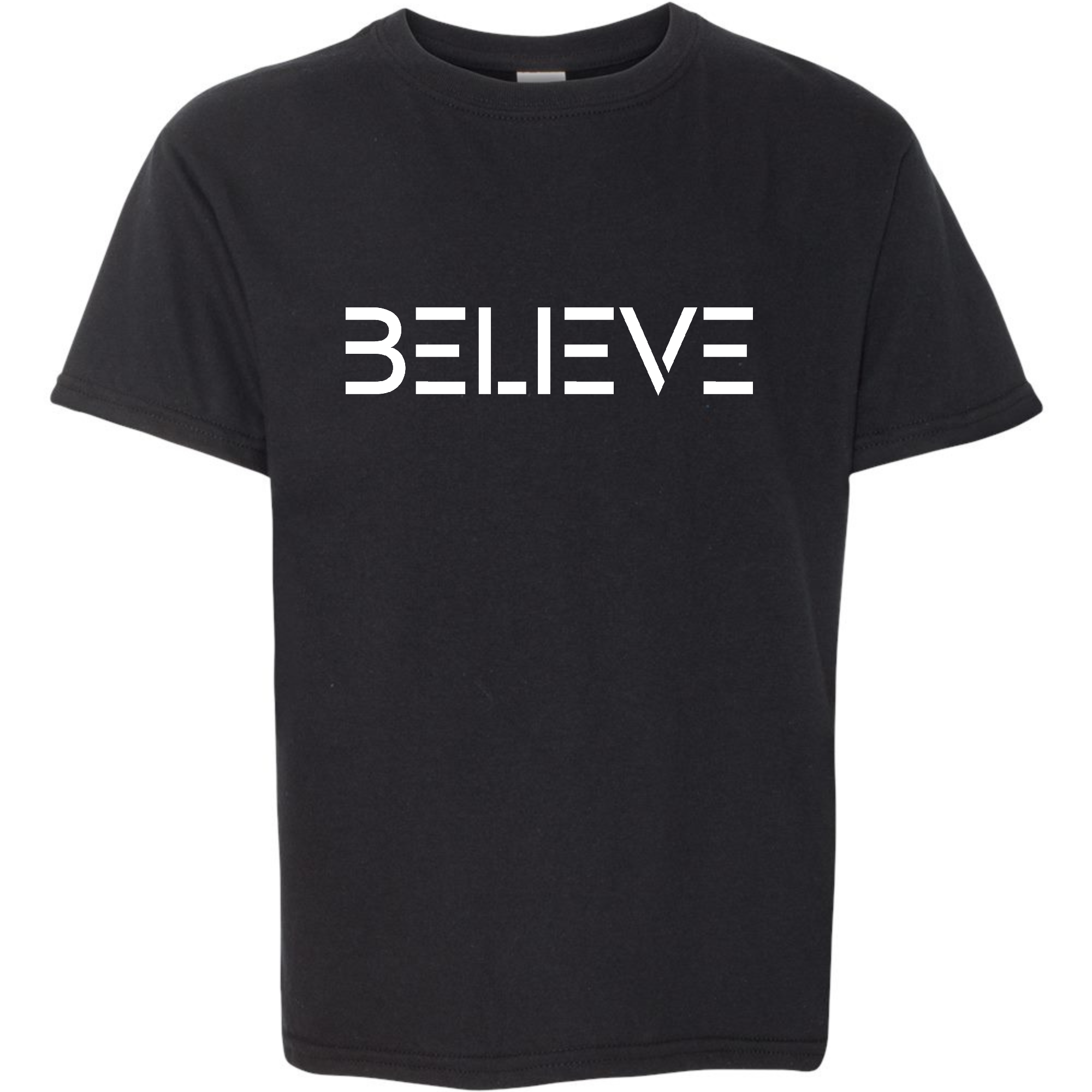 Youth short sleeve T-shirt featuring a motivational 'Believe' white print on soft preshrunk cotton fabric, perfect for boys and girls.